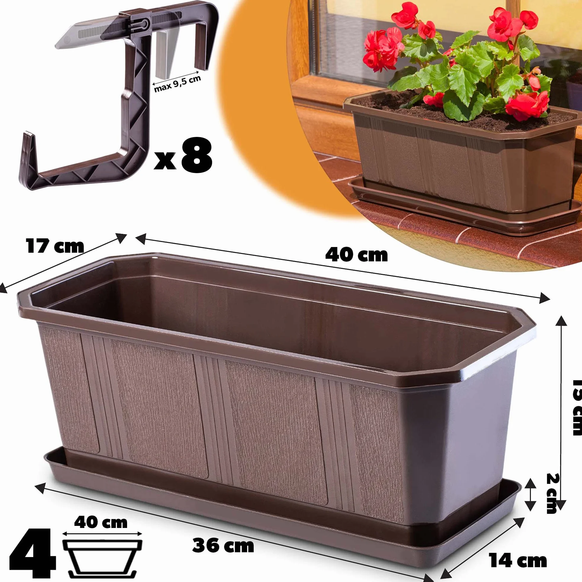 KADAX Lot de 4 jardinières en Plastique 40 cm Marron pour Balcon