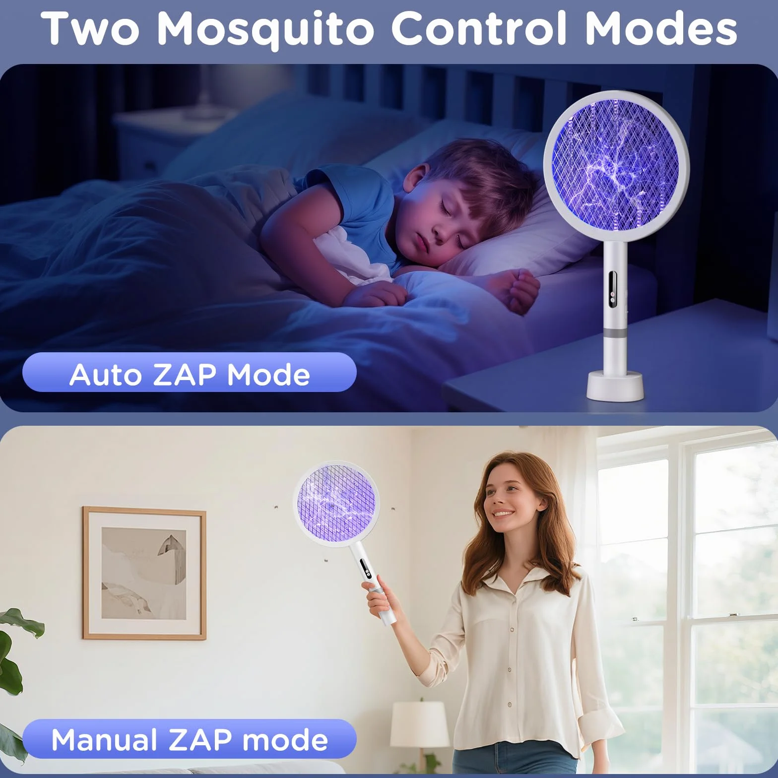 2 in1 Raquette Electrique Insectes, 4000V Puissant Raquette Moustique Electrique, 1800mAh USB Rechargeable Tapette à Mouche avec 3 Couches Protection en Maille pour Intérieur Extérieur