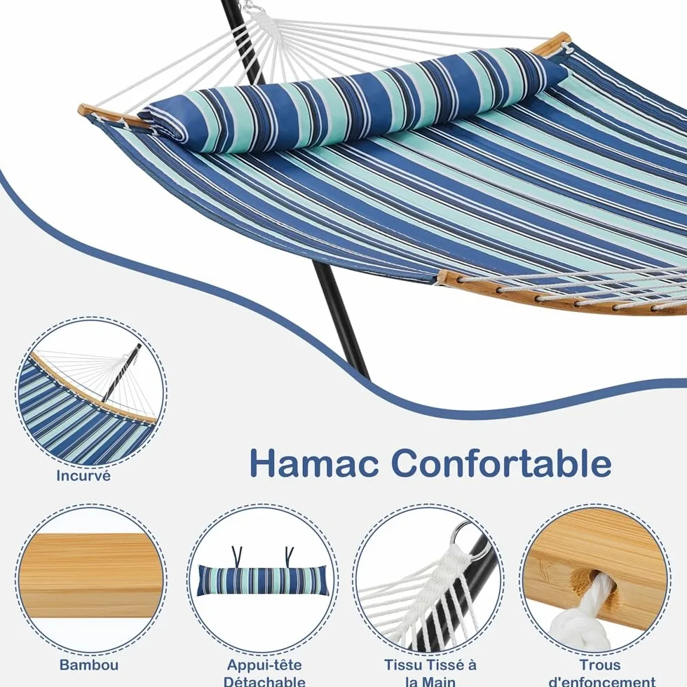 Yaheetech Hamac avec Support en Métal Hamac sur Pied pour 2 Personnes Toile avec Barre Oreiller Sac de Transport pour Extérieur Intérieur Jardin Terrasse Charge 216 kg