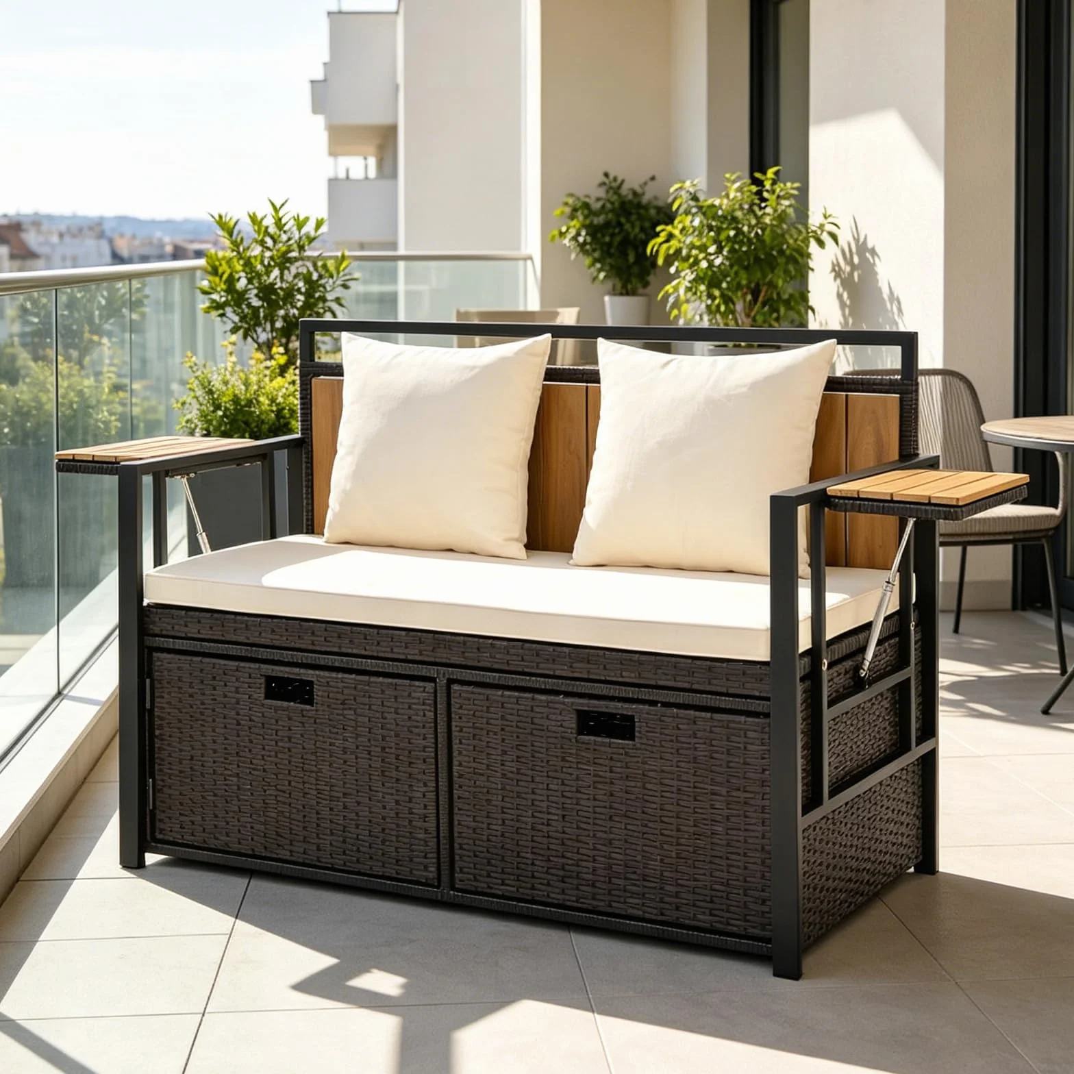 SOARS Canapé Extérieur Salon 2 Places, Canapé de Rangement 142,5 L en Rotin PE, avec Coussin, 2 Oreillers, Structure Métallique, 2 Table d'Appoint Pliante, Charge 360 KG, pour Jardin Balcon (Blanc)