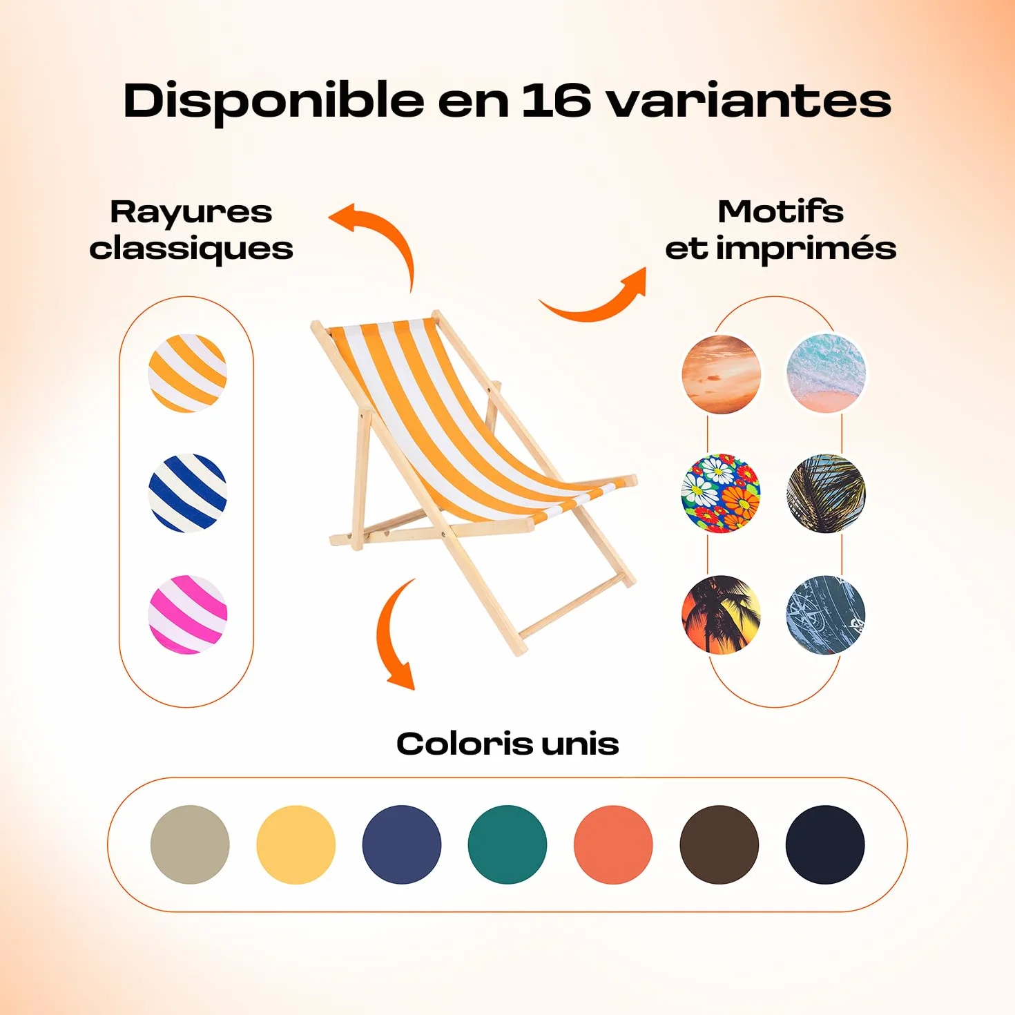 Chaise Longue Transat Jardin Pliable Bois Hêtre Réglable 3 Positions 120 kg Blanc & Orange