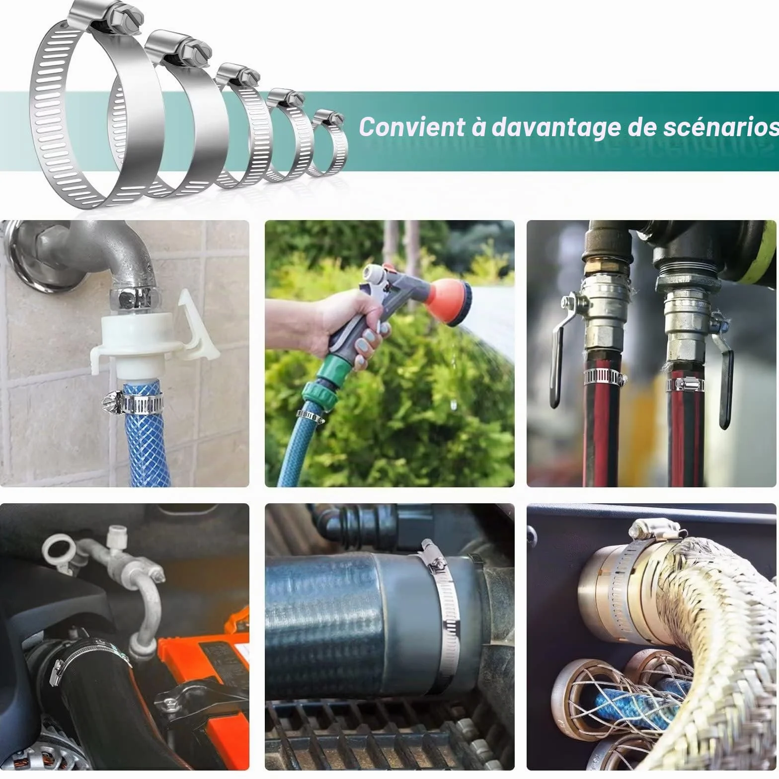 Leryati 304 Collier de Serrage Inox Set 6-51mm, Collier Serrage Métallique Réglable pour Piscine Machine à Laver Jardin
