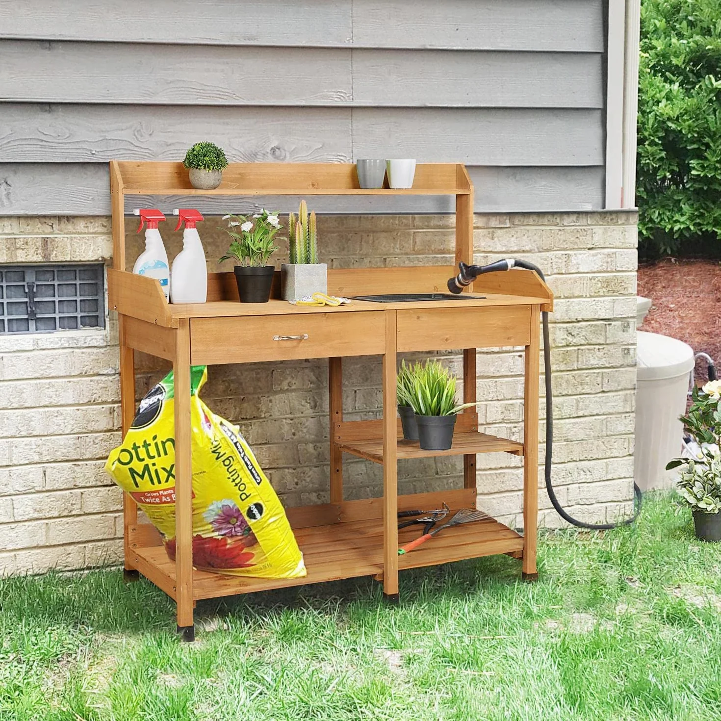 Table de Rempotage en Bois avec Évier Amovible et Rangement pour Jardinier