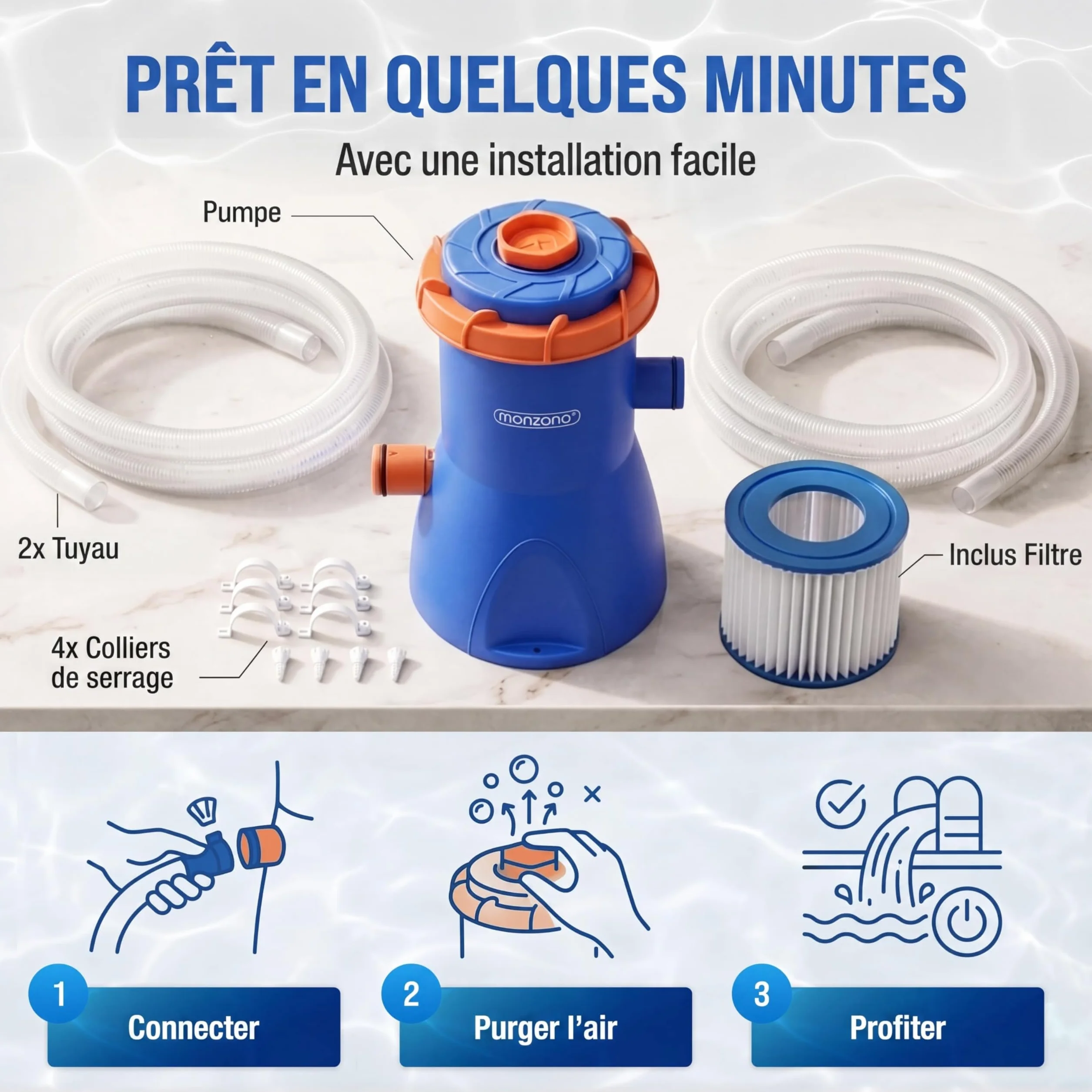 Monzana Pompe de Filtration pour Piscine MZP90 3.800 l/h Puissance 90W Cartouche de Filtration filtrante tuyaux Pompe Piscine Eau