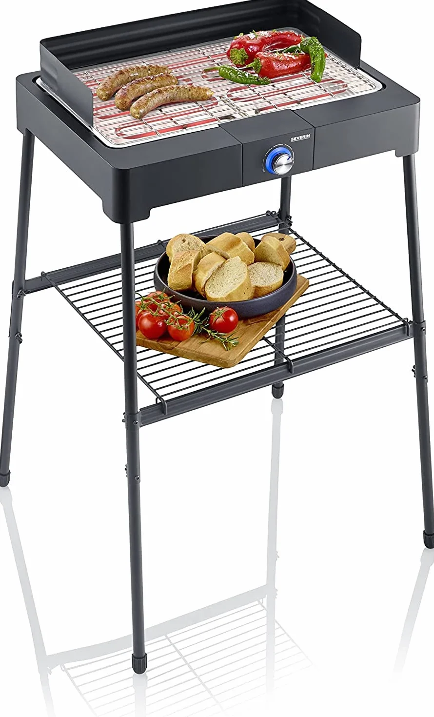 SEVERIN Barbecue électrique 2200 W Grille inox sur pieds avec pare-vent amovible eBBQ bac à eau Noir