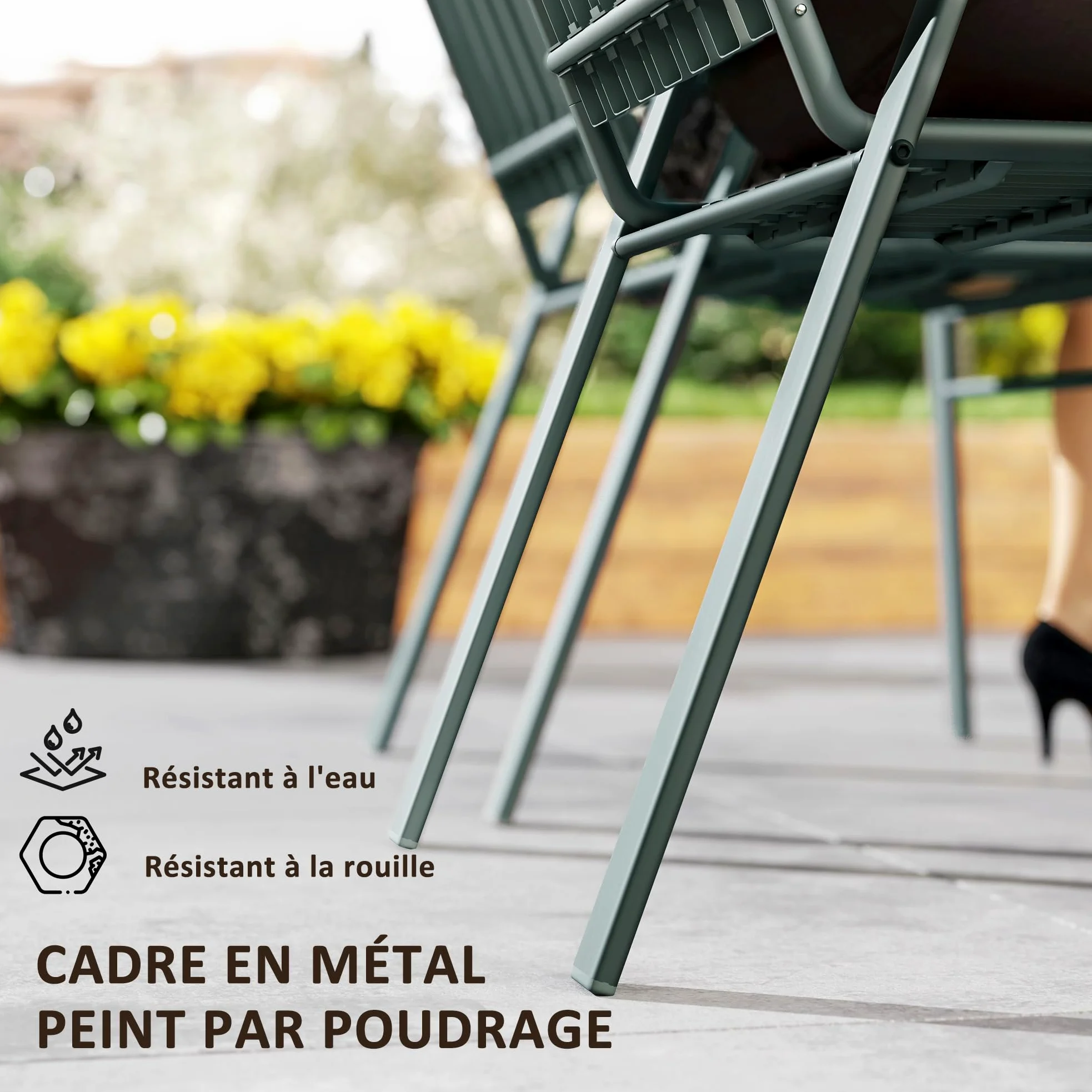 Outsunny Lot de 4 chaises de Jardin chaises empilables d'extérieur avec Haut Dossier et accoudoirs, Cadre en Acier pour Jardin, Piscine, terrasse, Gris