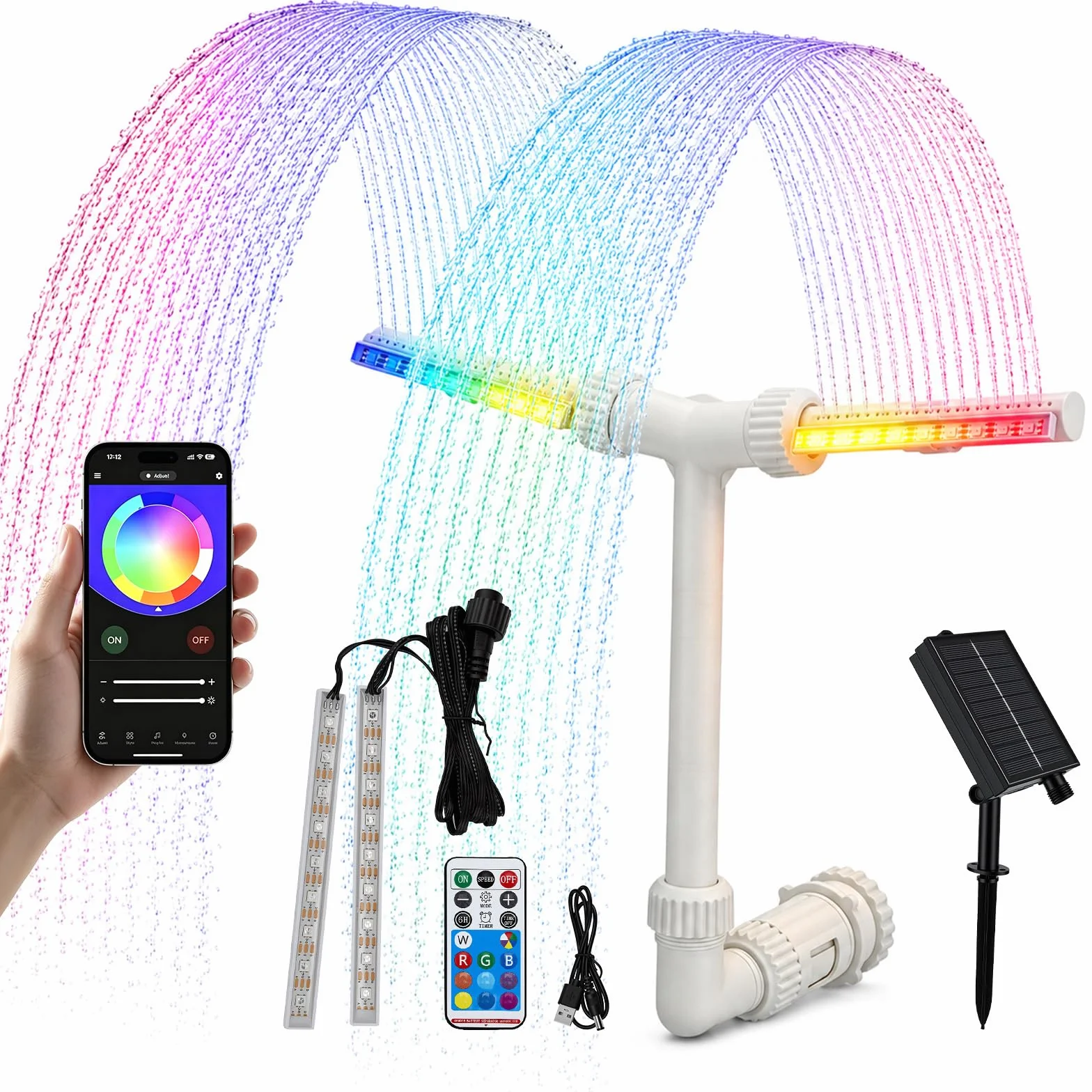 Fontaine Solaire à Double Tête avec Éclairage RGB, 11 Couleurs, Contrôle par APP, Jet Réglable 0,5–3 m pour Piscine