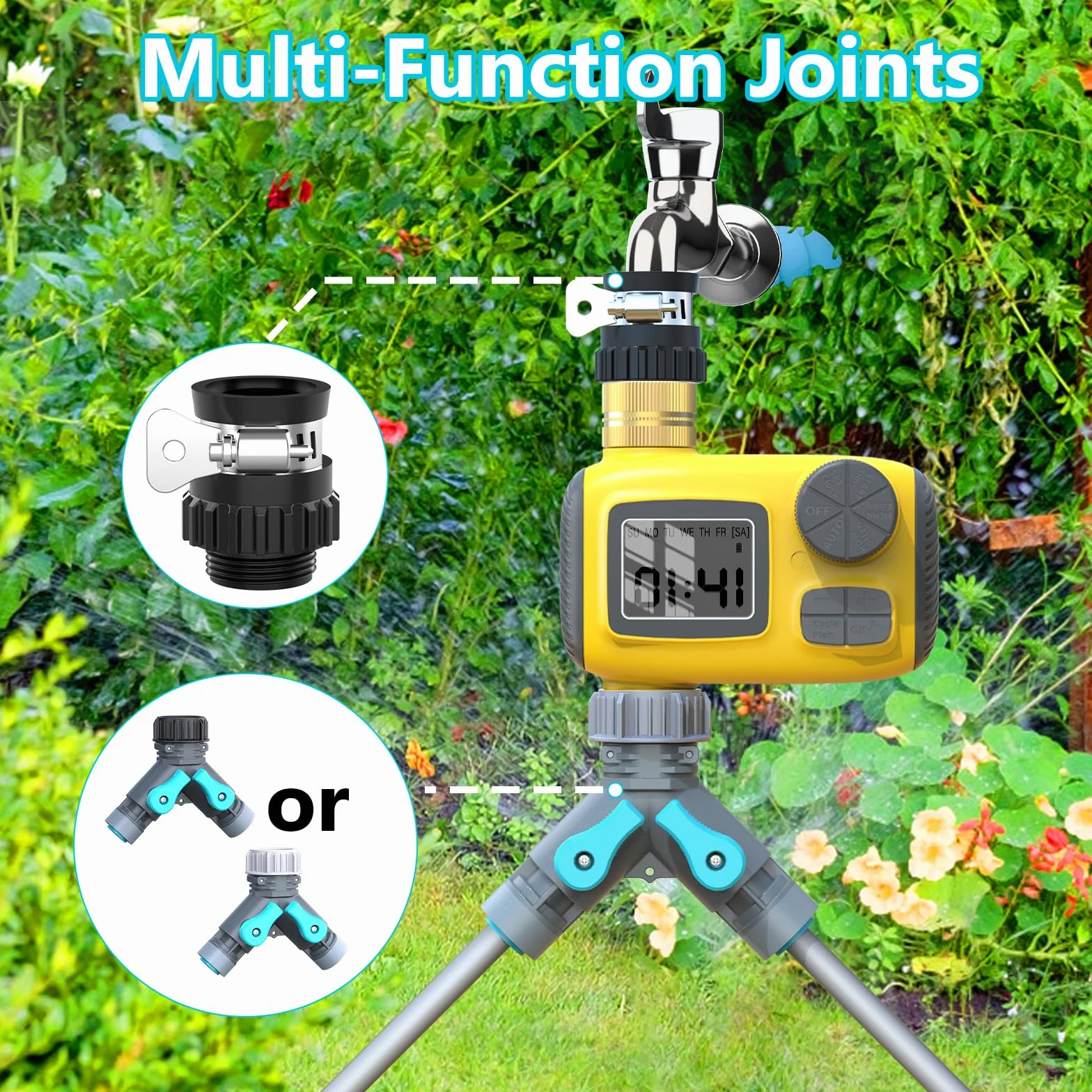 Kit d'irrigation goutte à goutte automatique 30 m avec programmateur TRJZWA 3 programmes, 3 types de goutteurs pour jardin