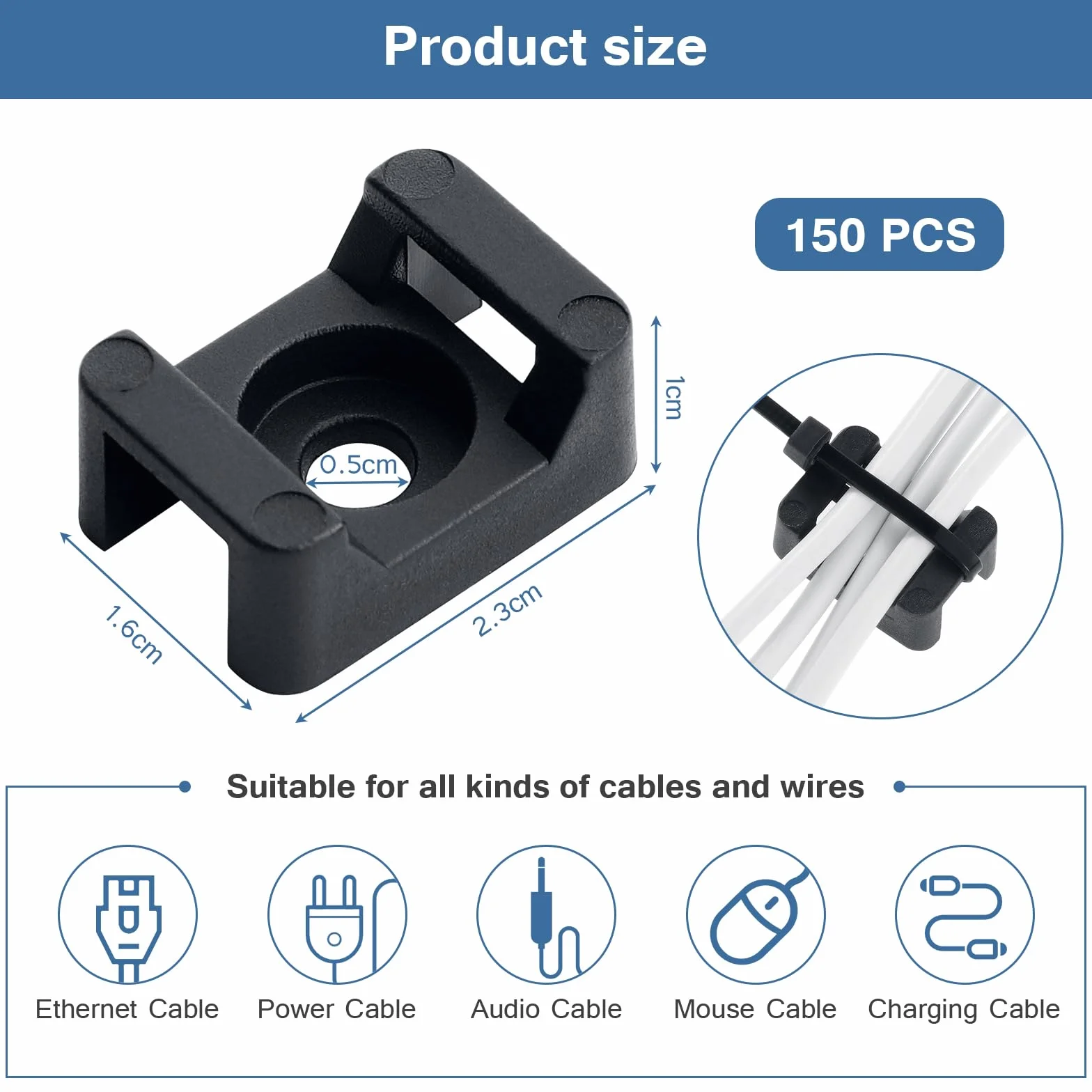 Attache de câble noir 150PCS supports 23mmx16mm type selle support de base