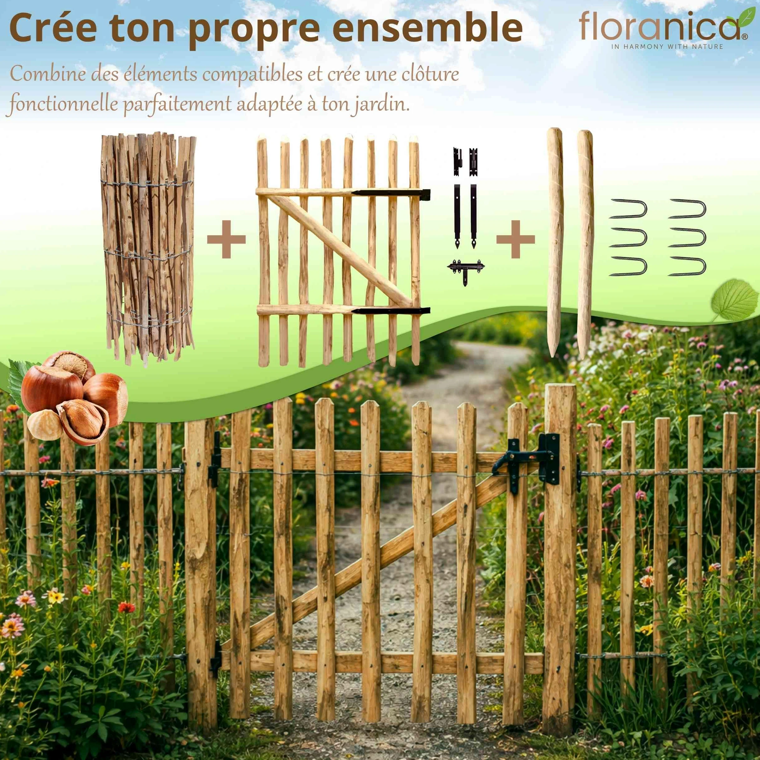 Floranica clôture en noisetier châtaignier 10 m x 50 cm de hauteur, écart entre les lattes 8-10 cm, bordure de jardin