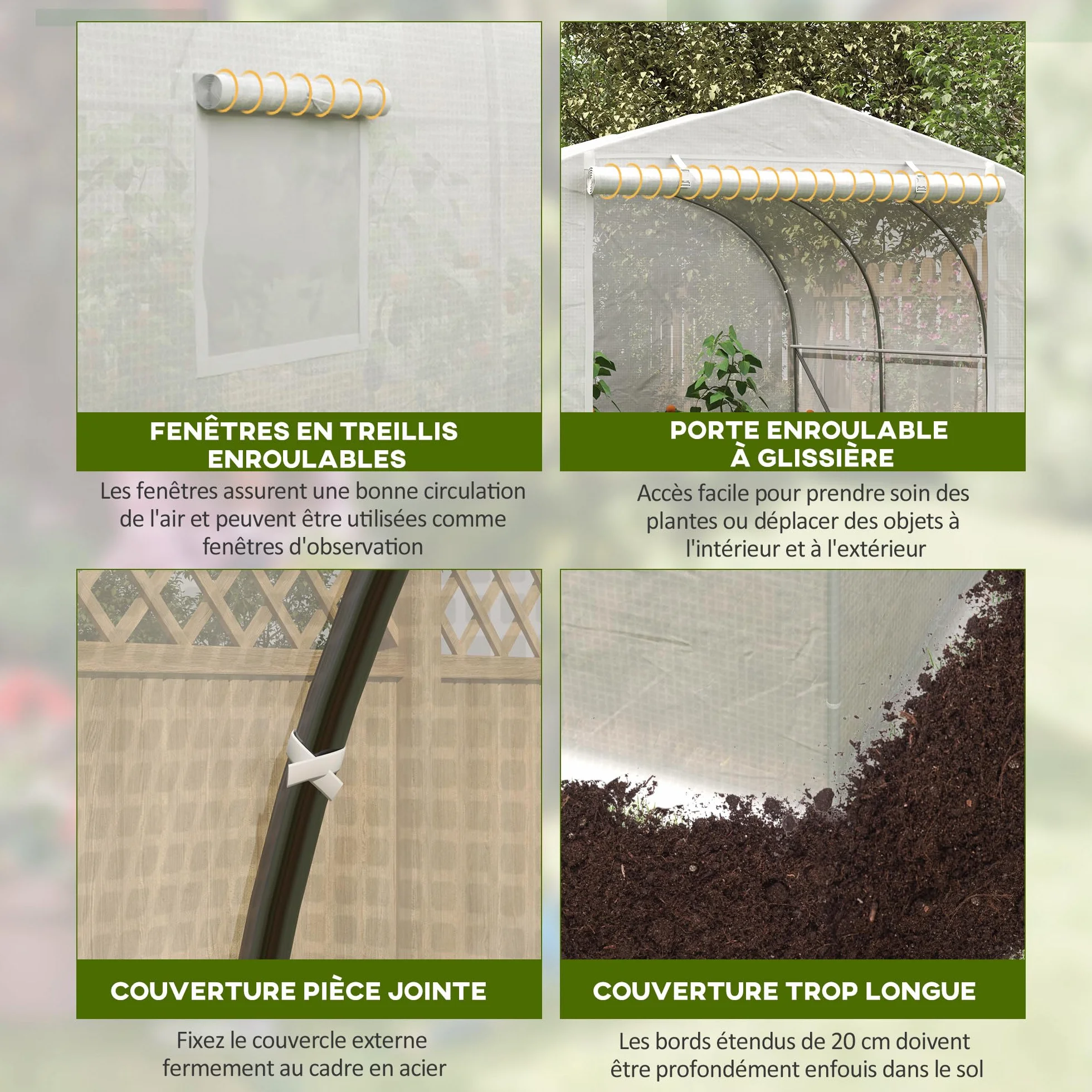 Outsunny Serre de Jardin Serre Tunnel de Jardin dim. 3,5L x 3l x 2H m Porte + 6 fenêtres enroulables Acier galvanisé bâche PE Haute densité Blanc