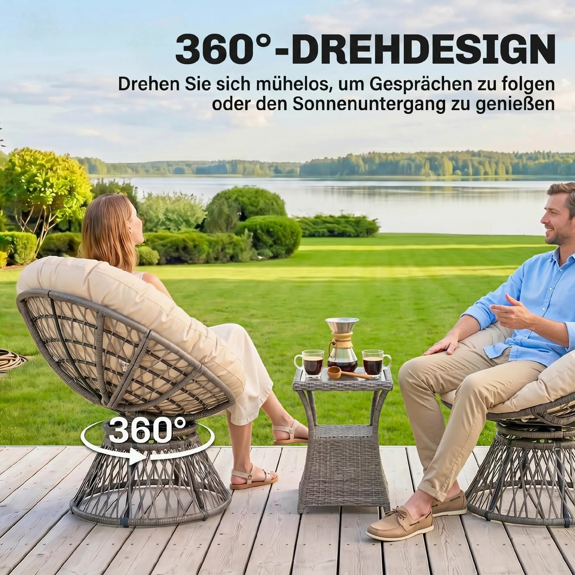 Outsunny Fauteuil Rond de Jardin Fauteuil papasan pivotant Grand Confort Ø 97 x 90H cm Grand Coussin fourni Polyester résine tressée crème