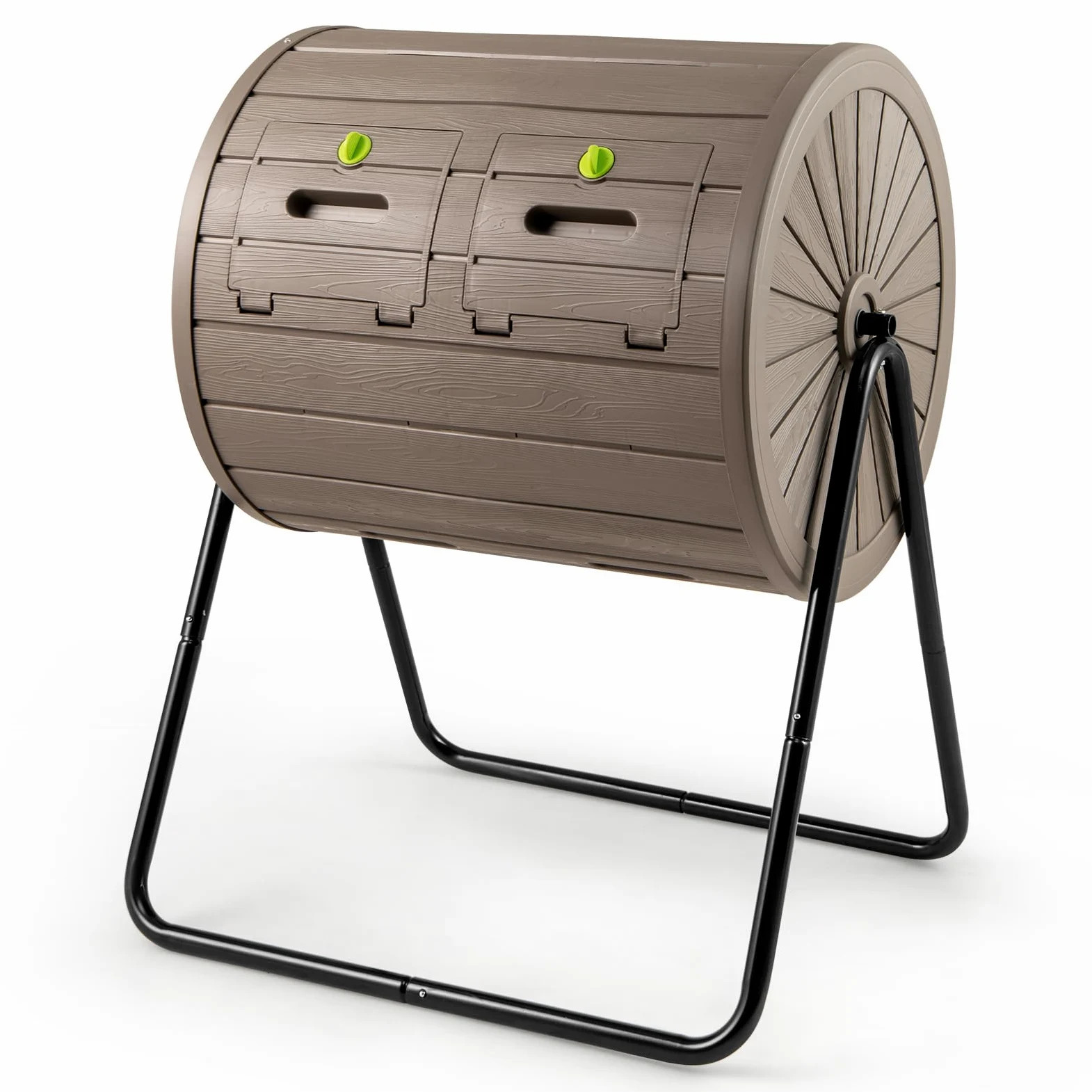 GOPLUS Composteur de Jardin Rotatif à 360° Exterieur, Bac à Compost en PP à Double Chambre 142L, 2 Portes Verrouillables et Support Métallique, 2 Pales Mélangeuses pour Compostage Rapide, Terrasse