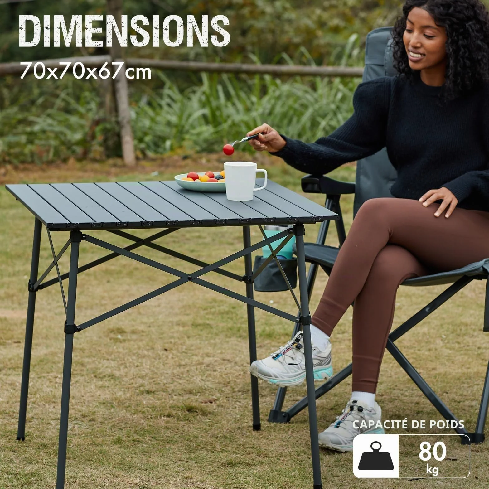 Table de camping pliante carrée en aluminium 70 x 70 cm pour 4 personnes avec sac de transport