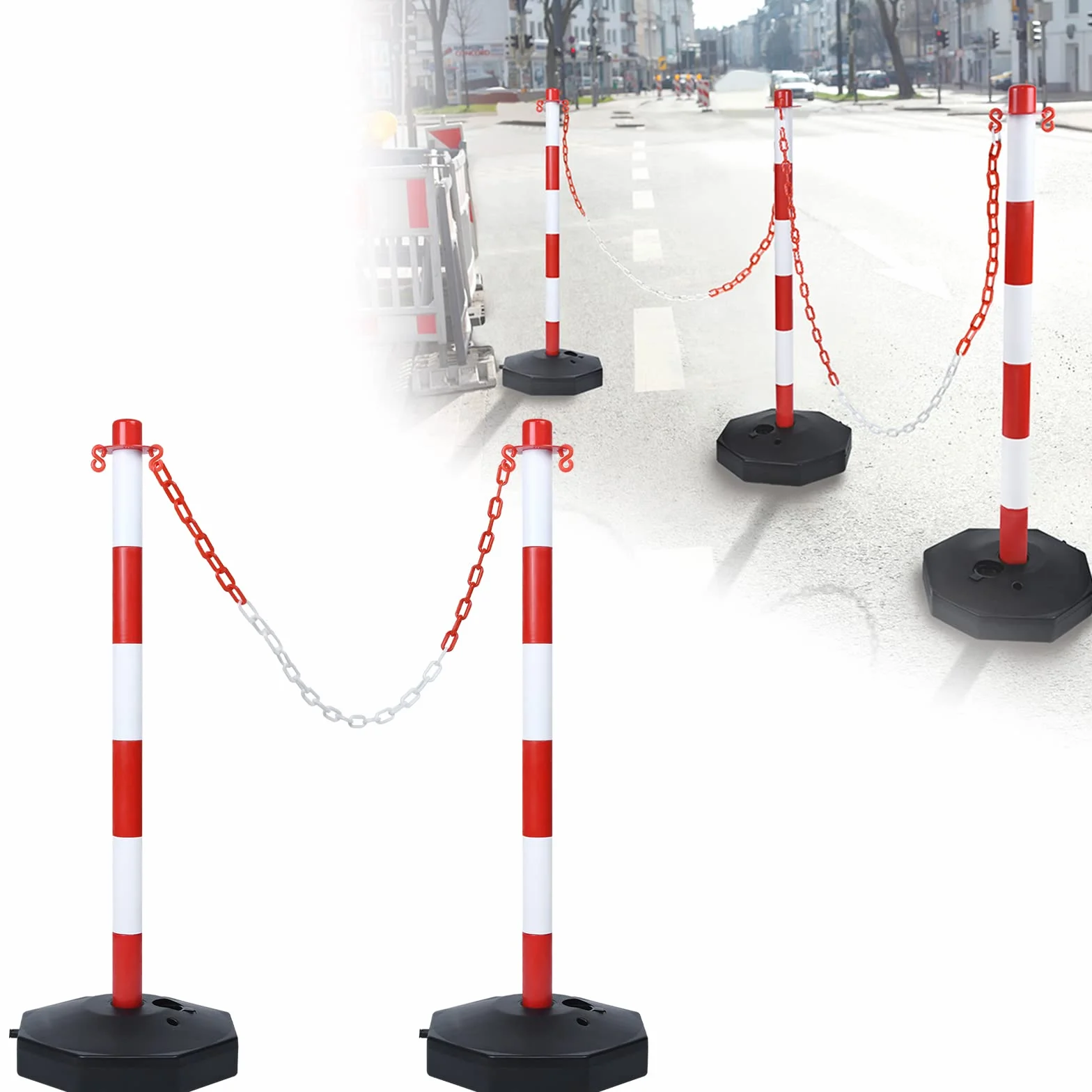 Poteaux de Barrière 2 pcs Potelets en Plastique avec Chaîne 140cm Poteau de Base PE PP 82cm Flexible Signalisation Cône Inclus Rouge+Blanc