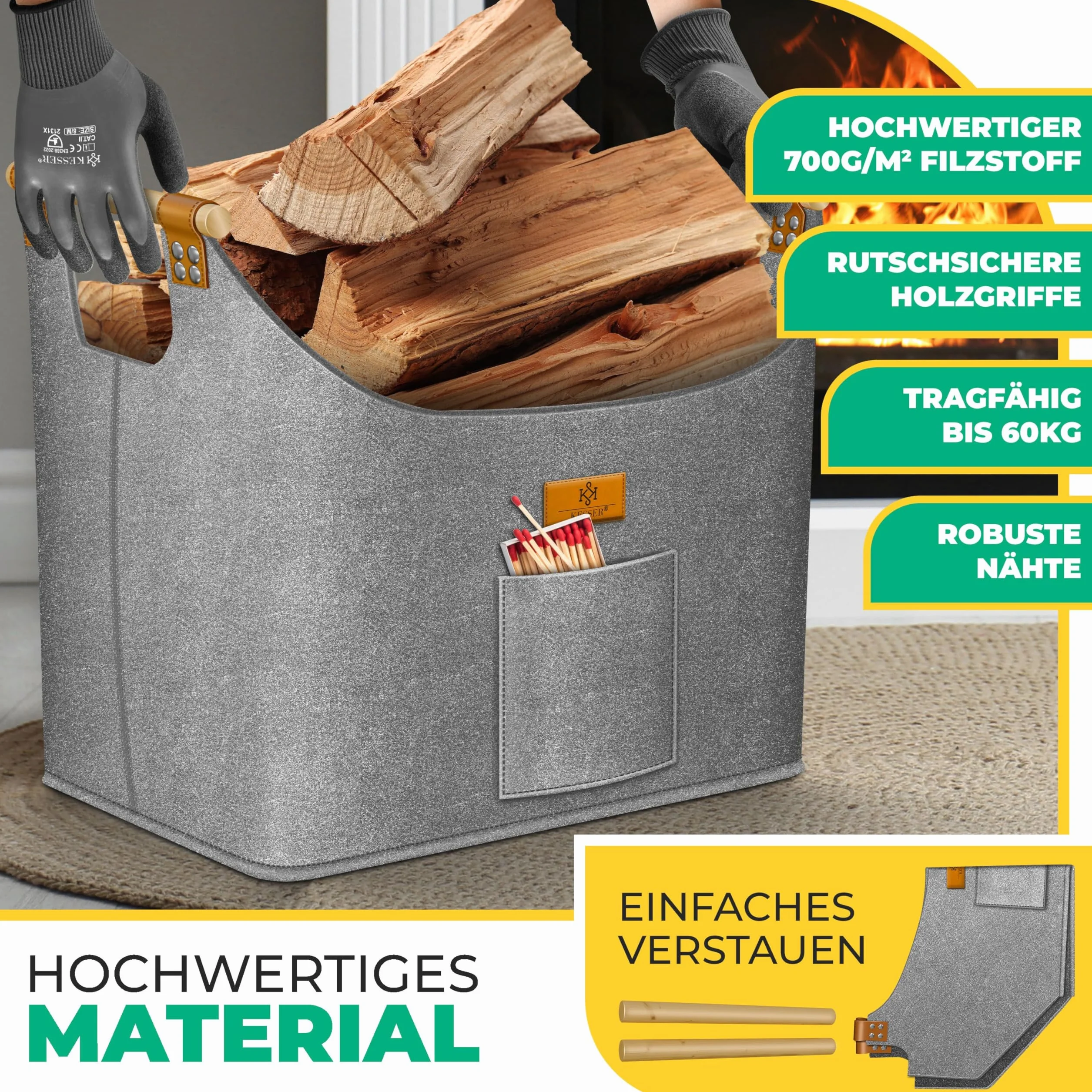 KESSER Panier à bois de chauffage 90 litres Sac en feutre extra épais Pliable Poignées renforcées
