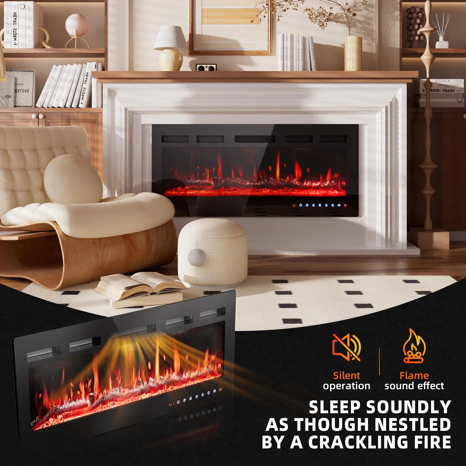 Cheminée Électrique 36" 92cm 900W 1800W Flammes 12 Couleurs Thermostat Précis 15-30°C Écran Tactile Télécommande