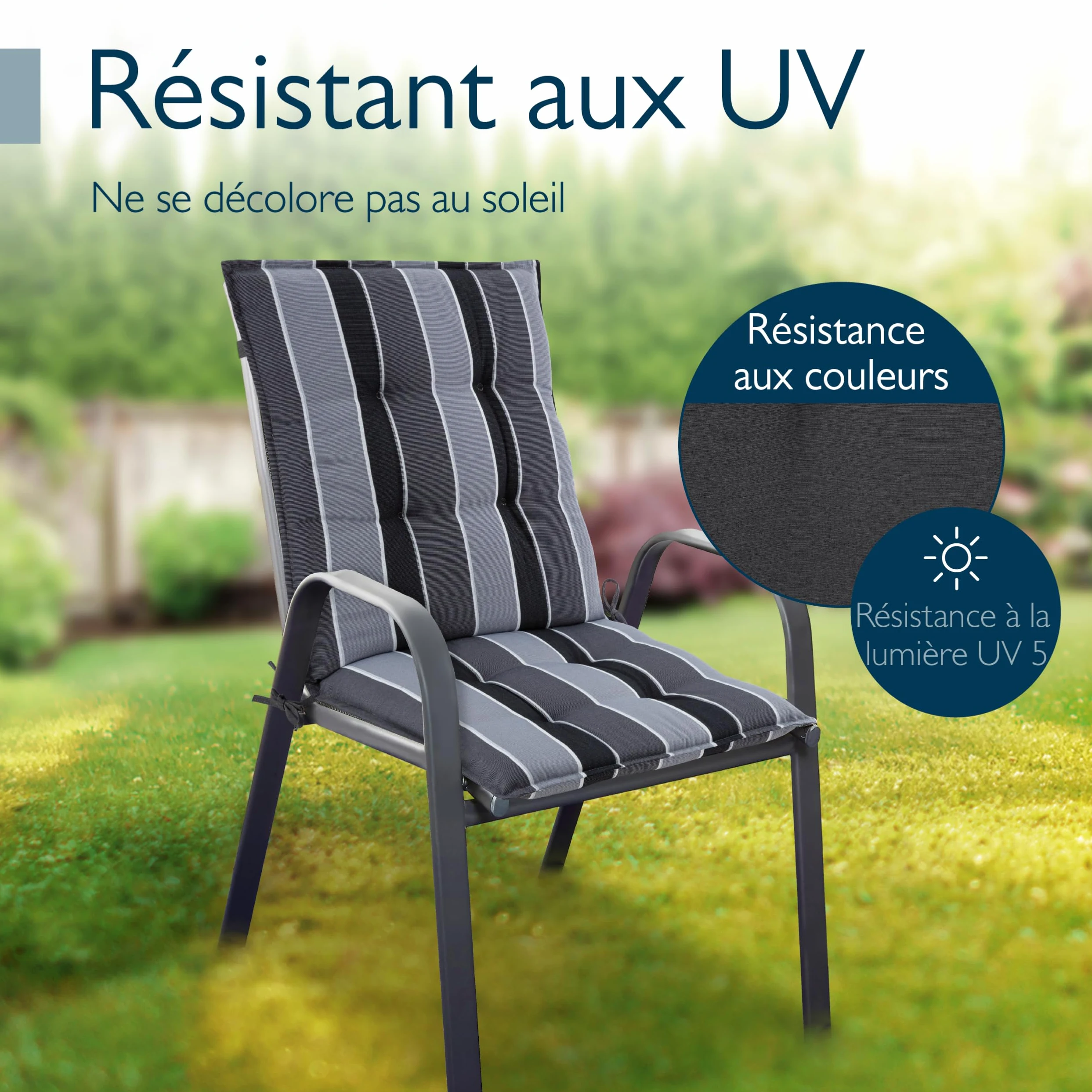 Beautissu 8X Premium Coussin Chaise Jardin Dossier Bas 100x50 cm Sun-NL – 8 cm Épaisseur Tissu Robuste Antidérapant & Résistance aux UV – Coussin Fauteuil avec Sangles Fixation Anthracite Rayé
