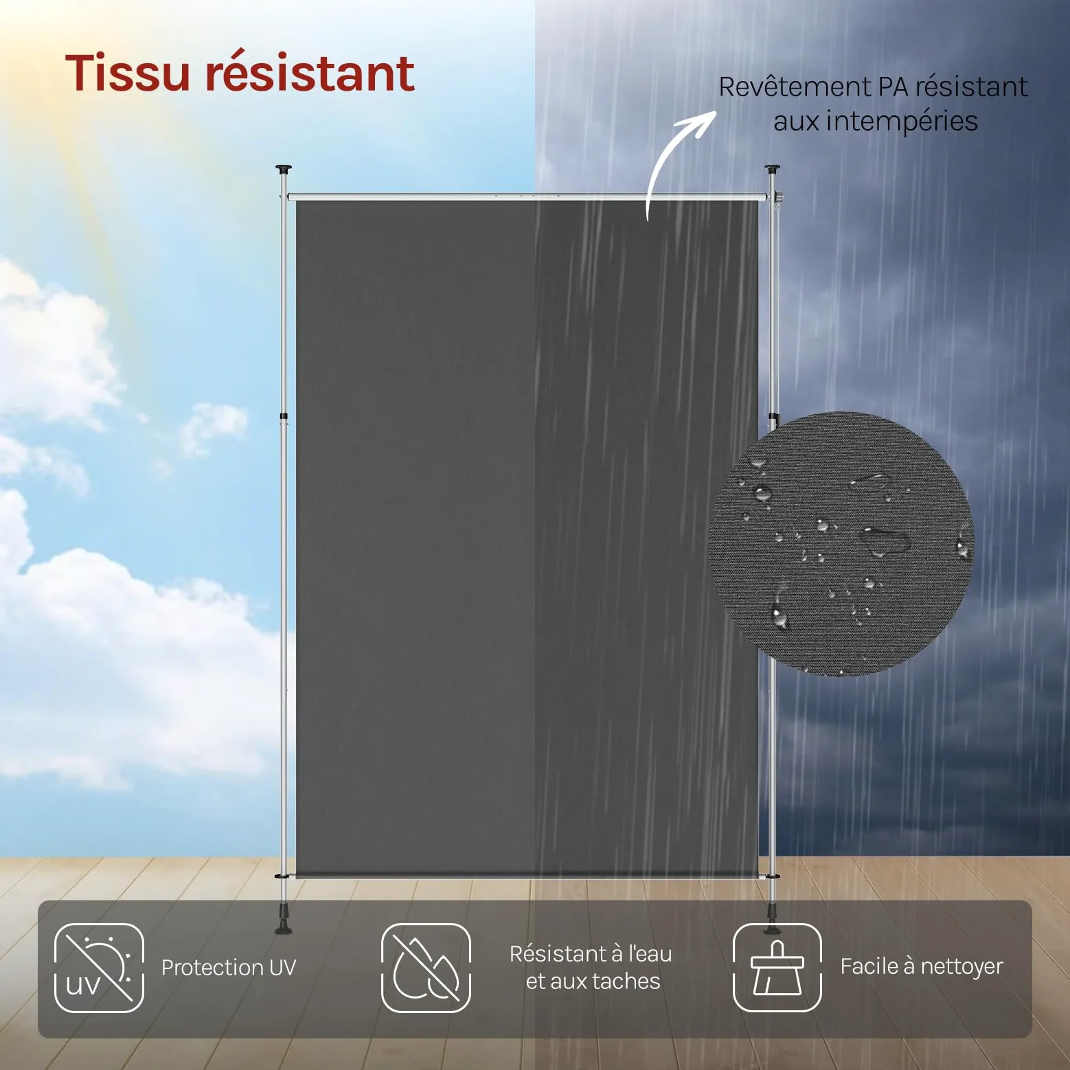 WOLTU Store Vertical Rétractable avec Manivelle, 200x310 cm, Brise-Vue Vertical Balcon, en Tissu Opaque, Protection Solaire, Résistant aux Intempéries, Montage sans Perçage, en Gris