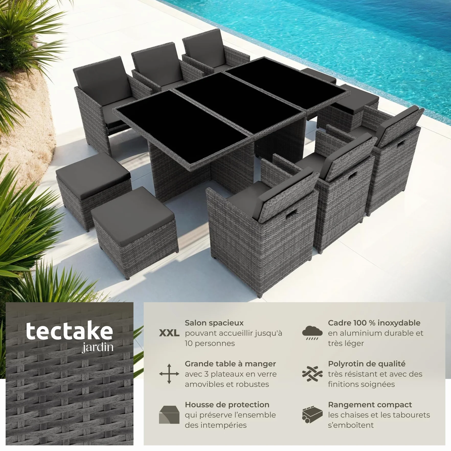 Tectake Salon de Jardin Résine Tressée Poly Rotin Table 10 Personnes Fauteuil Aluminium Encastrable Gris avec Housses