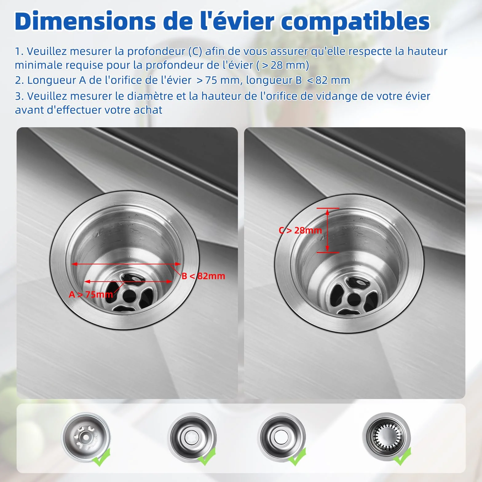 Hibbent Bouchons Évier Cuisine 3 en 1 Améliorés, Crépine Acier Inoxydable avec Base ABS, Double Joint Caoutchouc, Anti-Bouchage, Anti-Odeurs, Profondeur 28 mm, Nickel Brossé