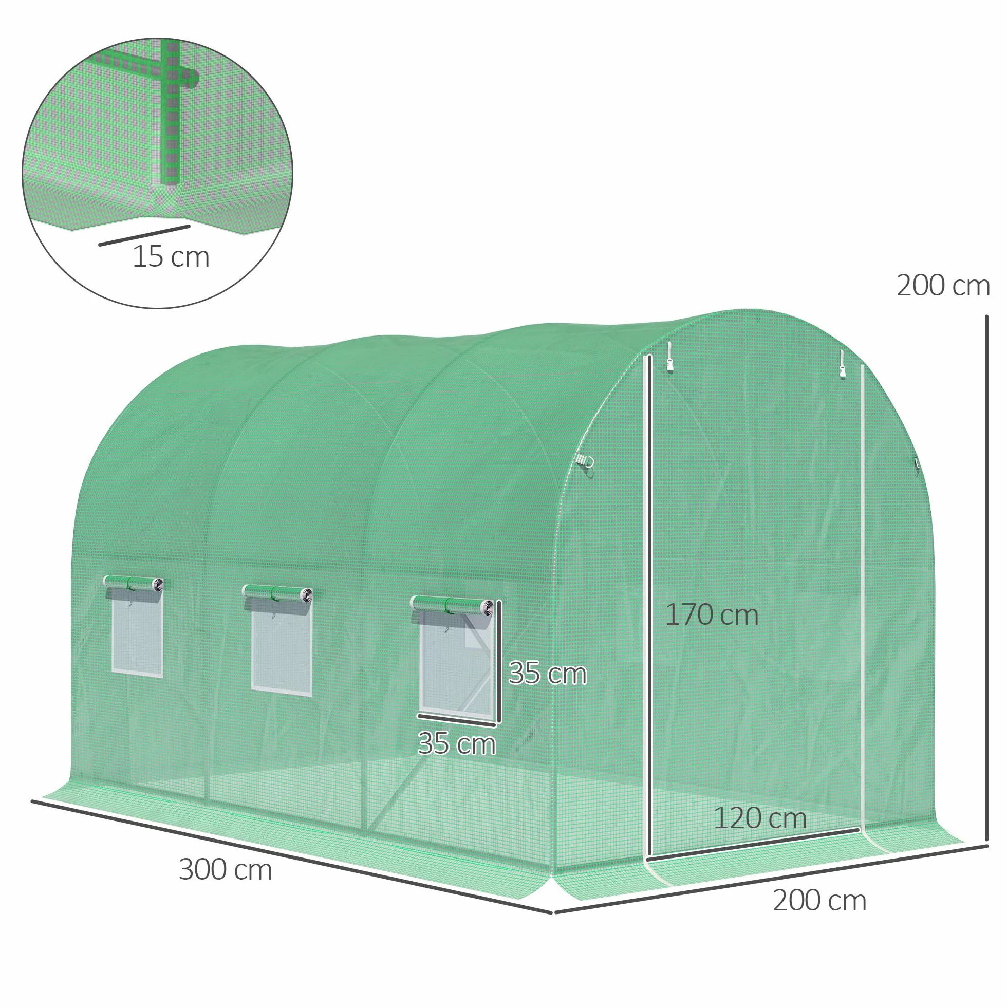 Outsunny Tunnel Serre de Jardin Surface au Sol 6 m² dim. 3 x 2 x 2 m Châssis Tubulaire renforcé Porte battante 6 fenêtres enroulables Vert