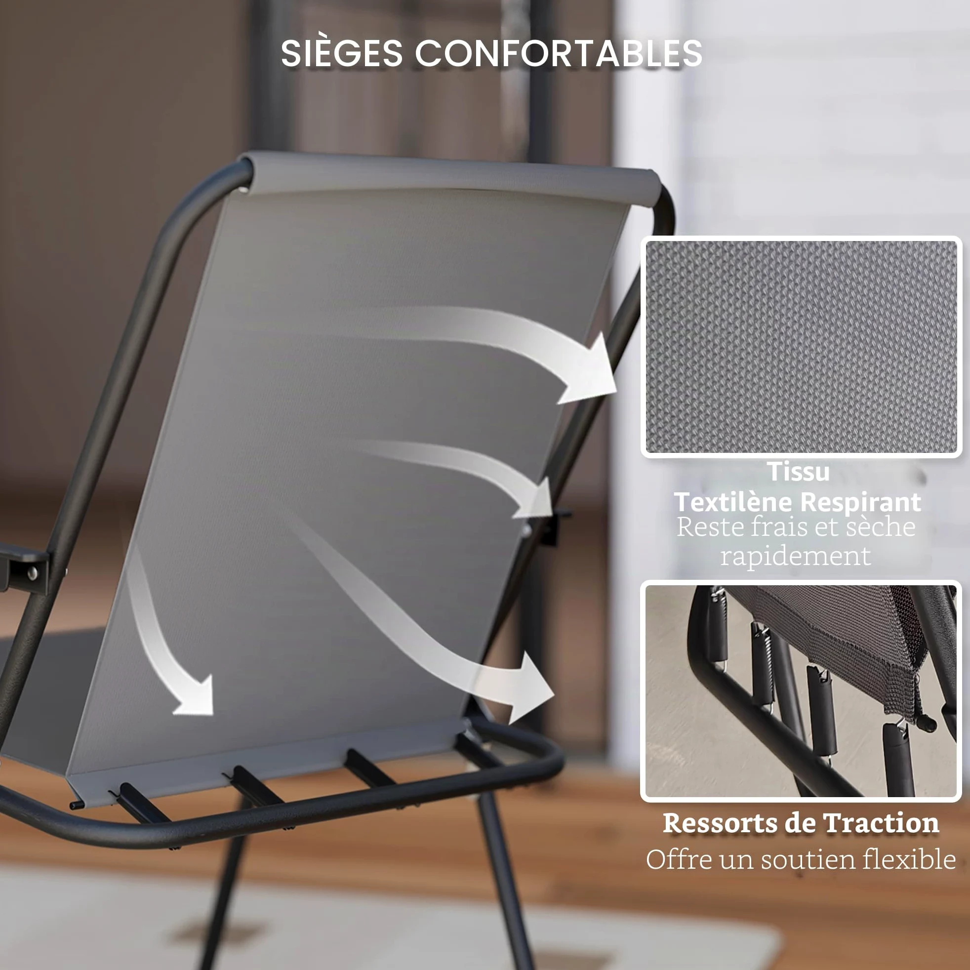 Outsunny Ensemble de Jardin de 6 Pièces avec Table et 4 Chaises Pliables en Textilene - Mobilier de Jardin Extérieur avec Table en Verre et Parasol pour Terrasse et Patio - Gris