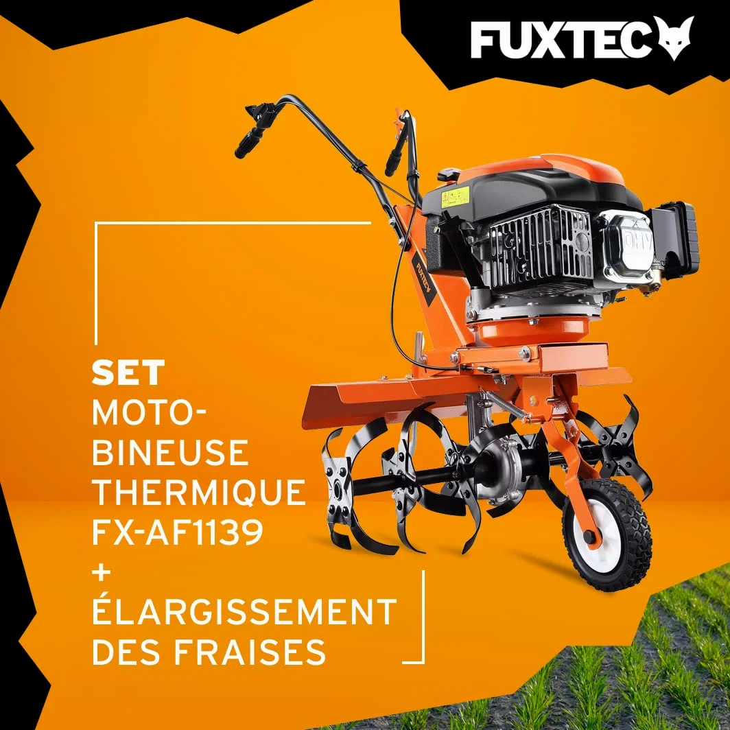 Fuxtec Motobineuse Thermique FX-AF1139 Set Motoculteur Essence Moteur 4 Temps 139cm3 2,2kW avec Extension De La Largeur De Travail De 36 à 66cm Cultivateur Profondeur Réglable Jusqu’à 30cm