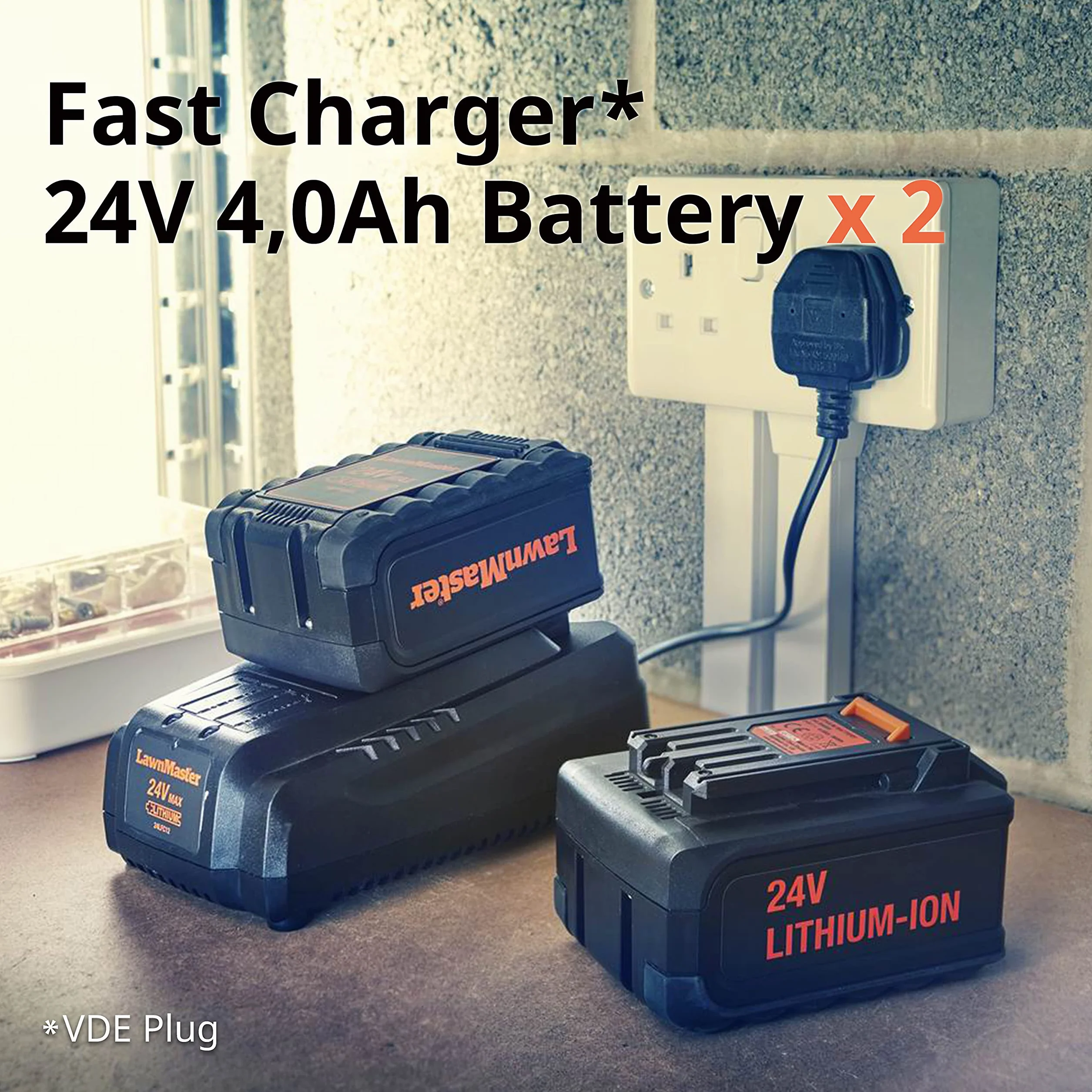 LawnMaster CLMF2434G Tondeuse à Gazon sans Fil 24V Max 34cm 2x4.0Ah Batterie