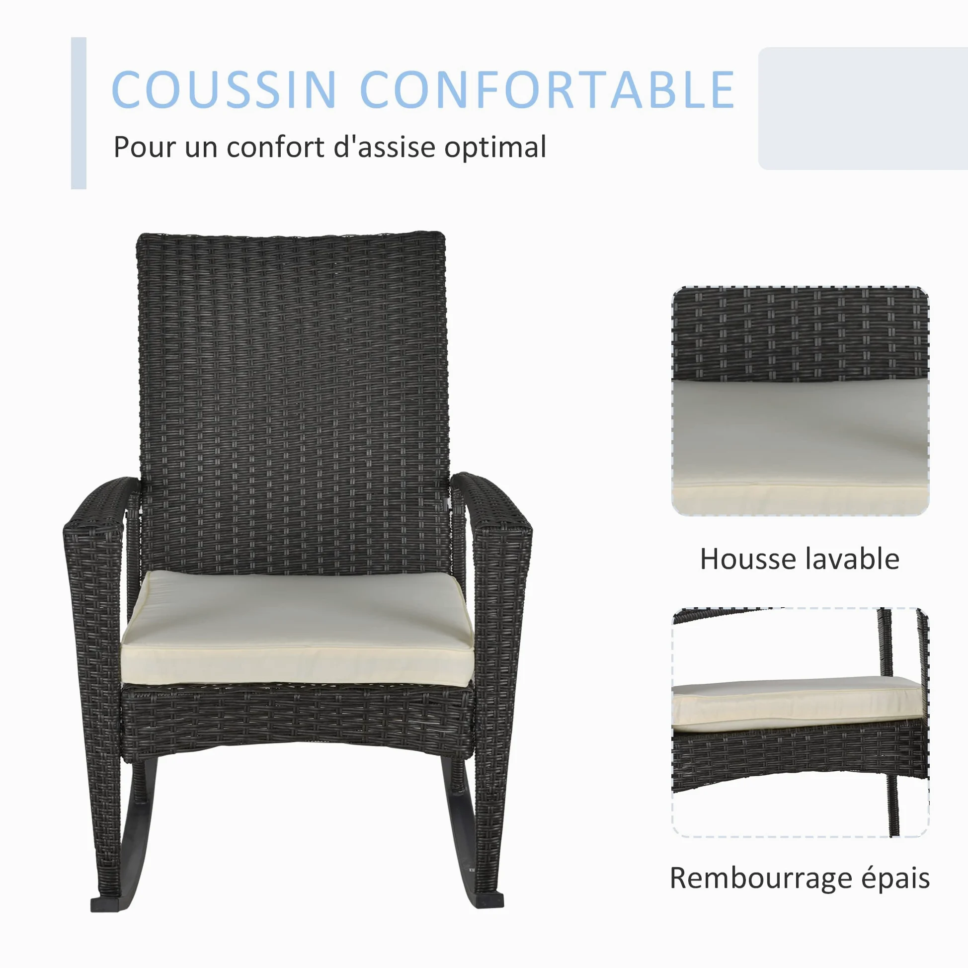 Outsunny Fauteuil à Bascule Rocking Chair avec Coussin d'assise déhoussable 66L x 88l x 98H cm résine tressée Imitation rotin Chocolat
