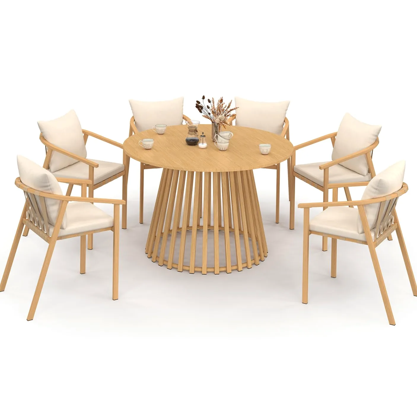 IDMarket - Salon de Jardin SOLAL Table Ronde 120 cm avec Pied Lattes en métal et 6 chaises de Jardin avec lanières et Coussins Beiges