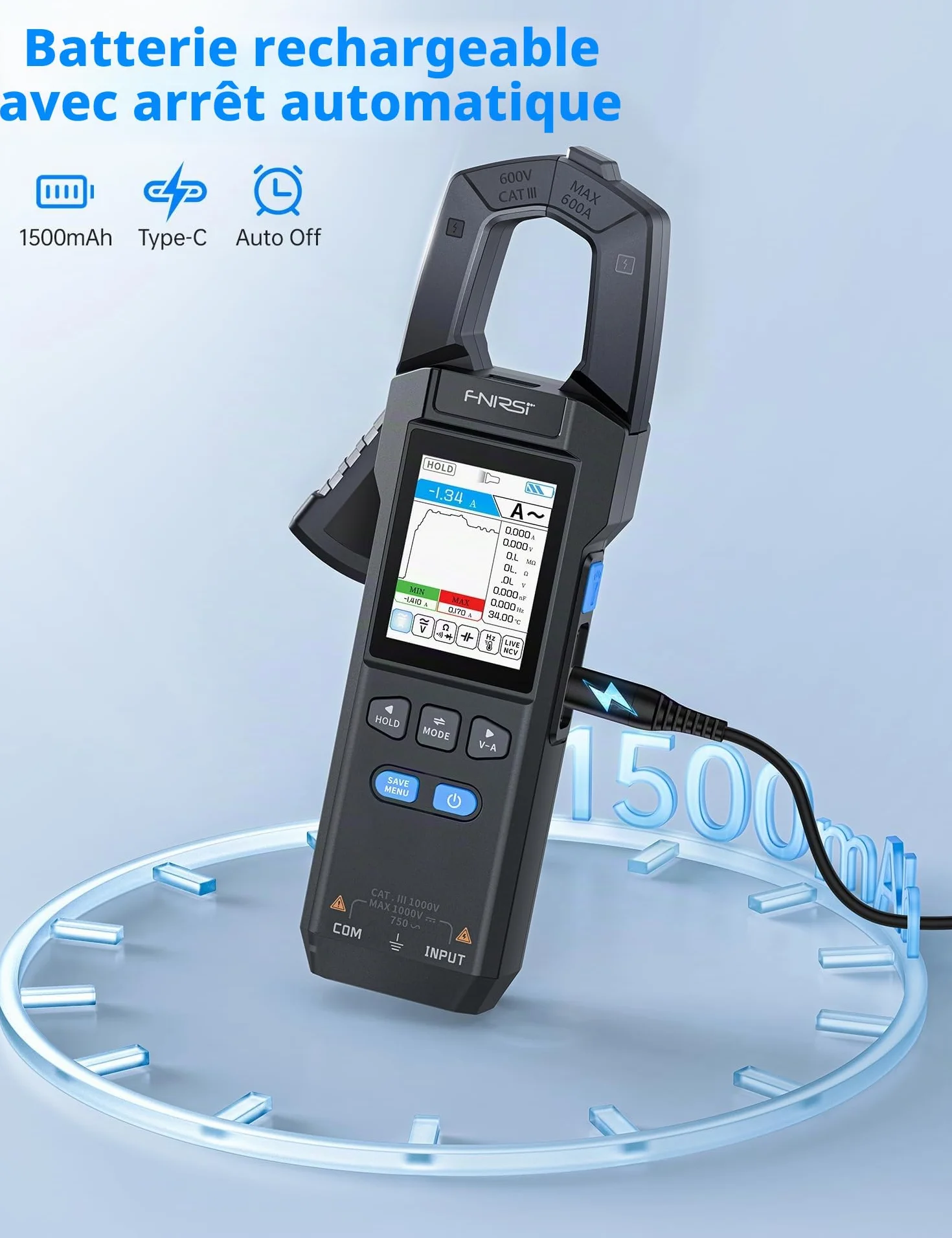 FNIRSI DMC-100 Pince Ampèremétrique Numérique Multimètre TRMS 9999 Points 600A Rechargeable NCV Tension CA/CC Courant Continuité