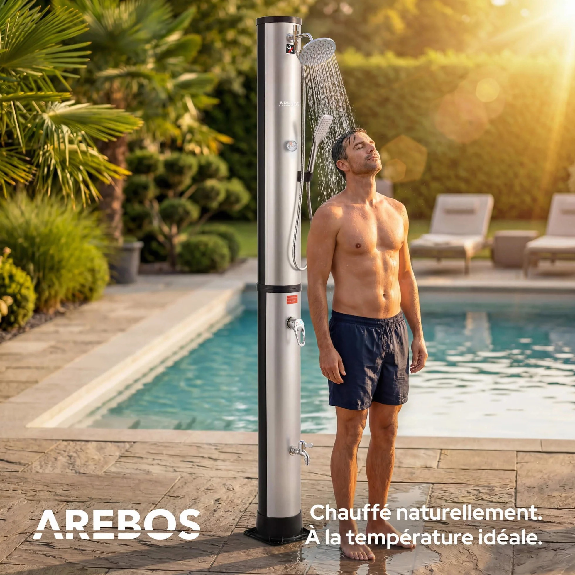AREBOS Douche Solaire 40 L 220 cm Thermomètre intégré Pomme Ronde douchette Pieds Argent-Noir