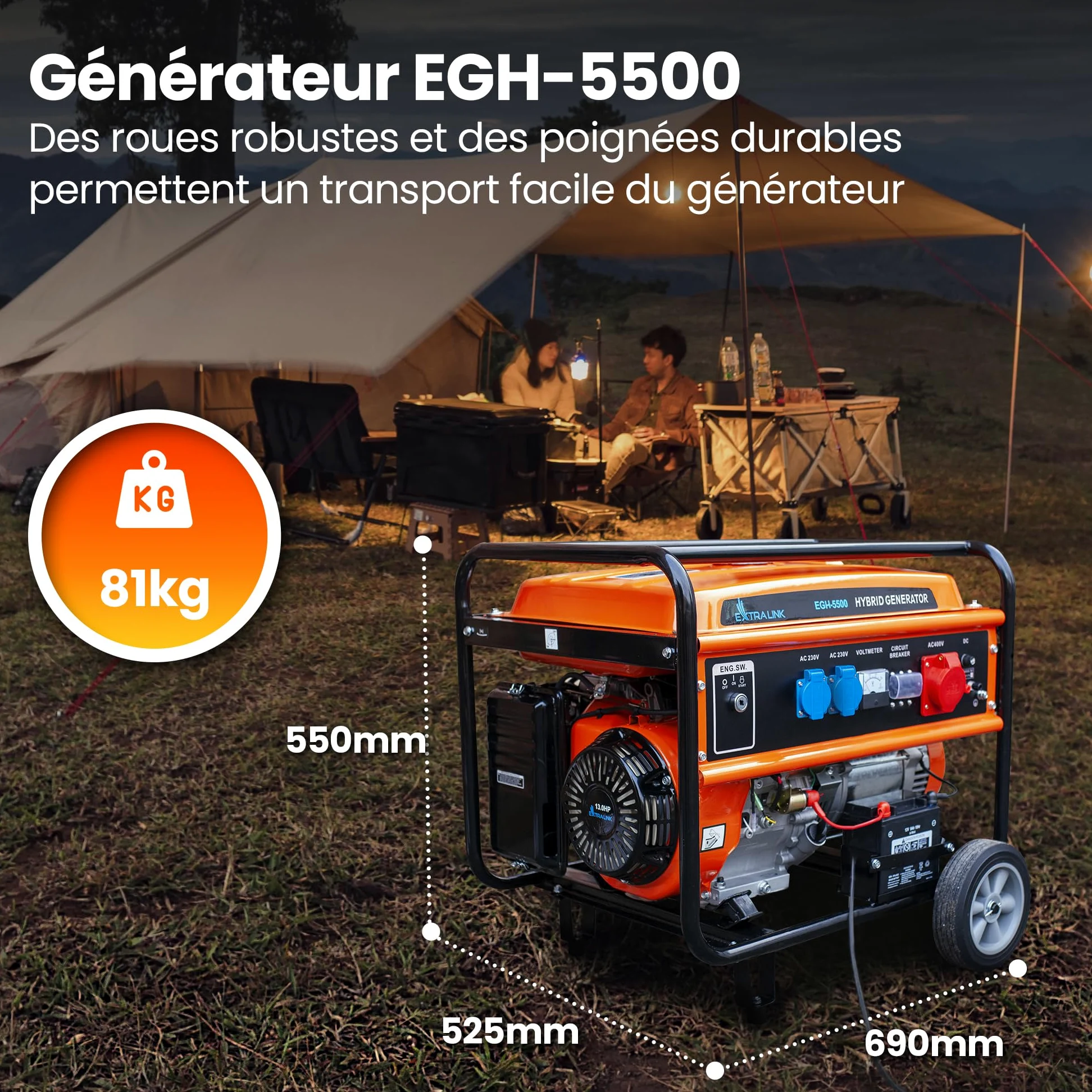 Extralink Groupe électrogène 5500W Essence/GPL | Moteur 188F-M, onde sinusoïdale pure, 2×230V & 1×400V, démarrage électrique | mobile et silencieux pour maison et chantier