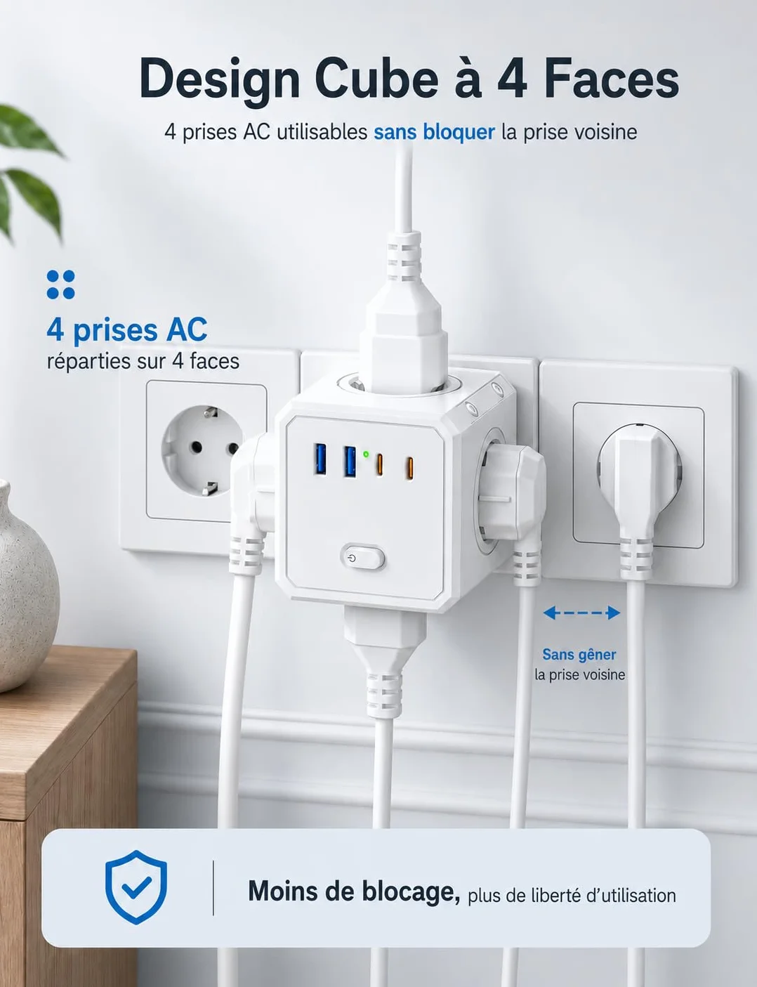 BURNNOVE Multiprise Murale USB C 8 en 1 4 Prises AC 2 USB-A 2 USB-C Interrupteur 16A 4000W Blanc