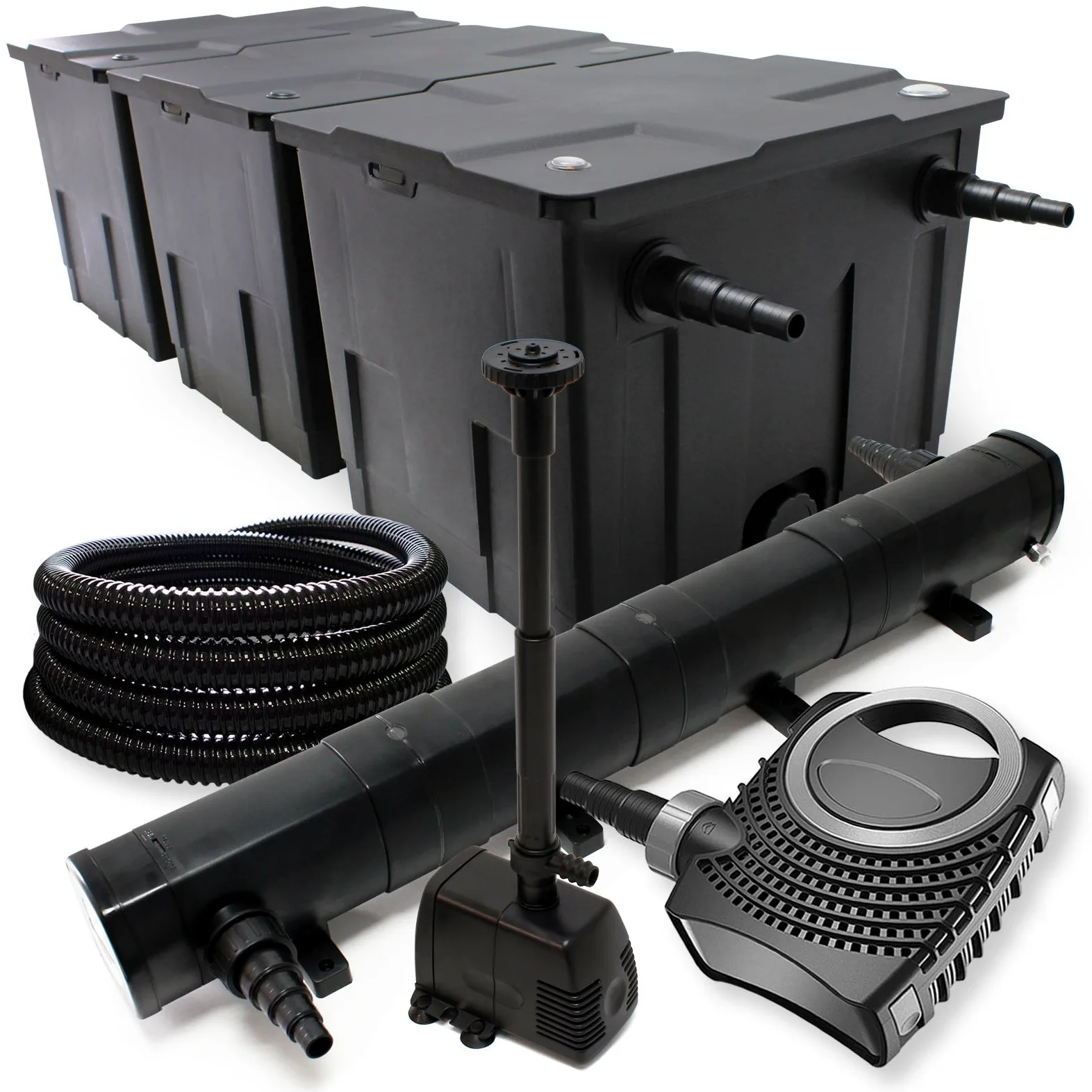 Wiltec Kit complet: CBF-350C Filtre de bassin jusqu'à 90000 L, NEO10000 pompe de filtration 10000l/h 80W, CUV-272 lampe uv 72W, 25m Tuyau 25 mm, HJ-943 fontaine 800l/h 16W