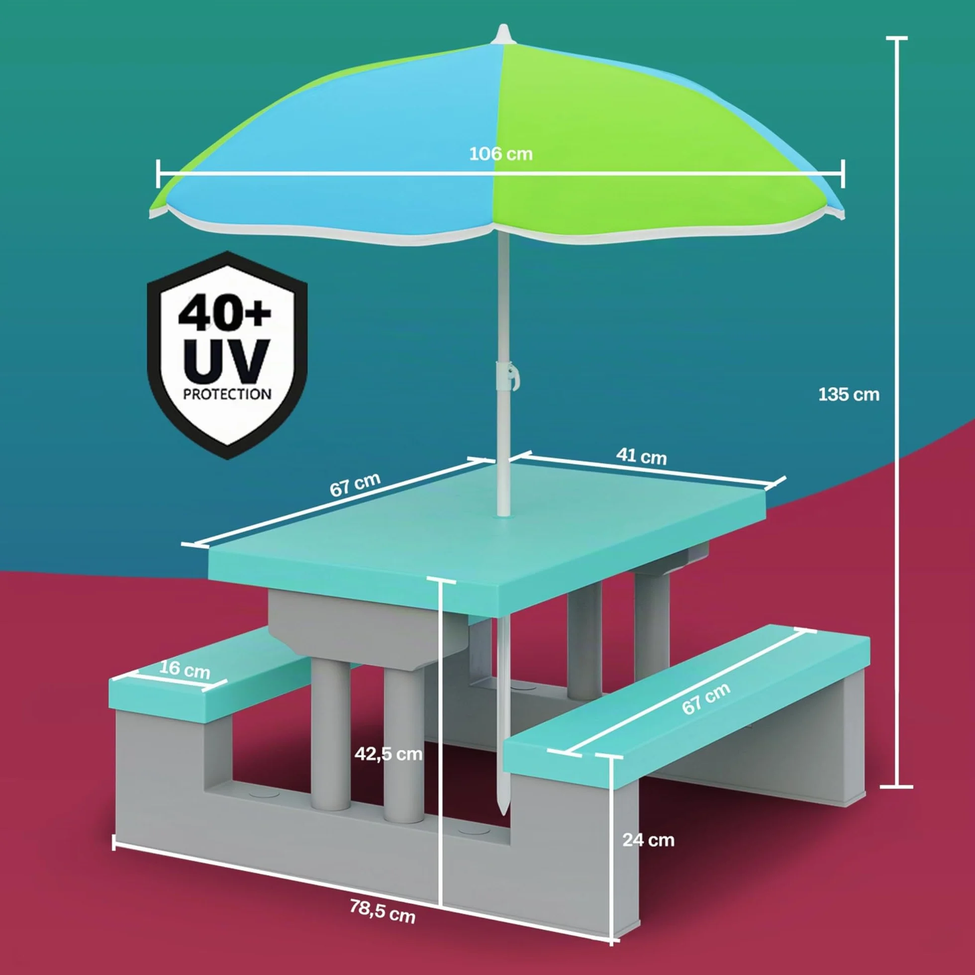 Spielwerk Salon de Jardin pour Enfants Vert Menthe Table Pique-Nique avec Banc et Parasol