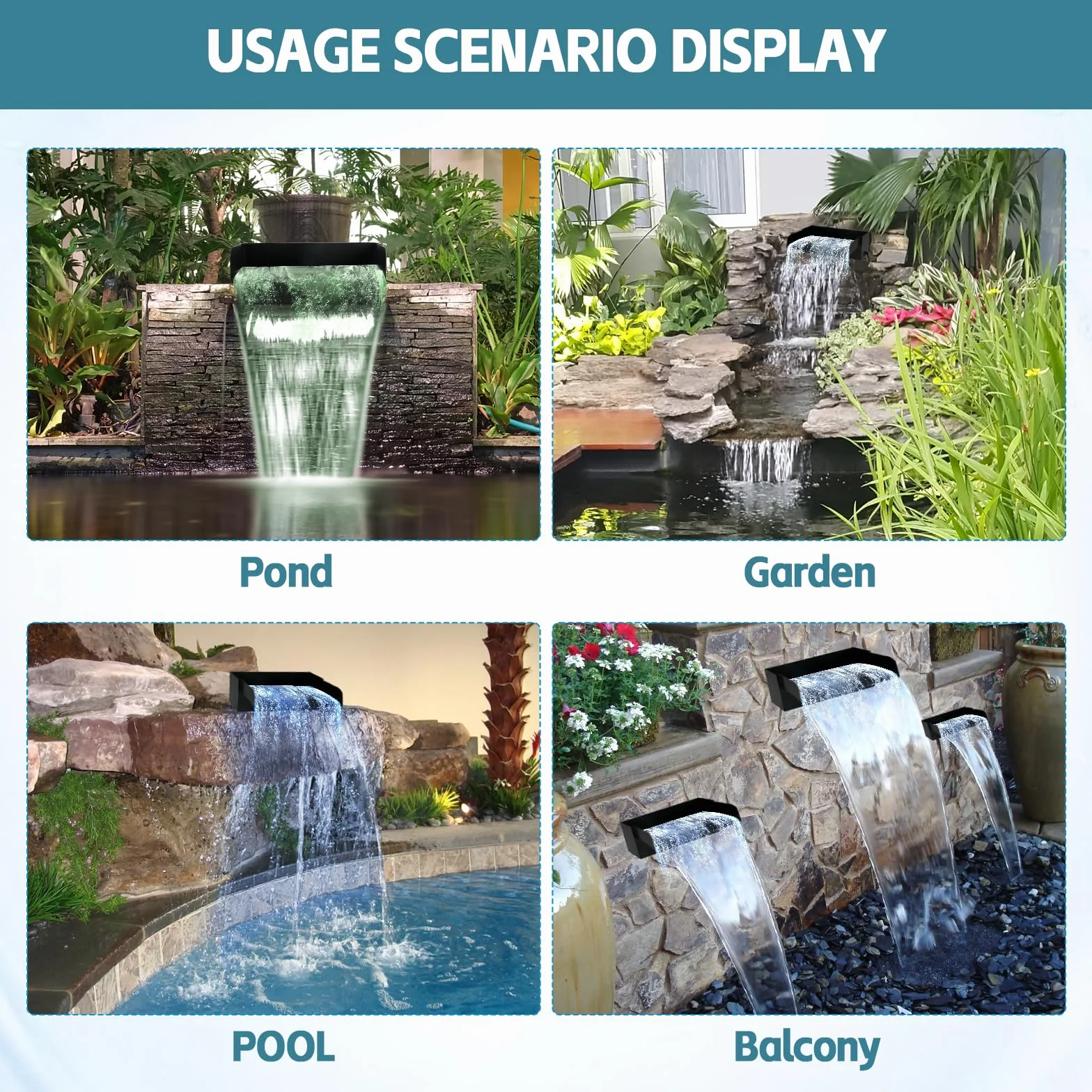 Cascade de bassin en acier inoxydable 30 cm avec pompe 45W 3000L/H pour jardin