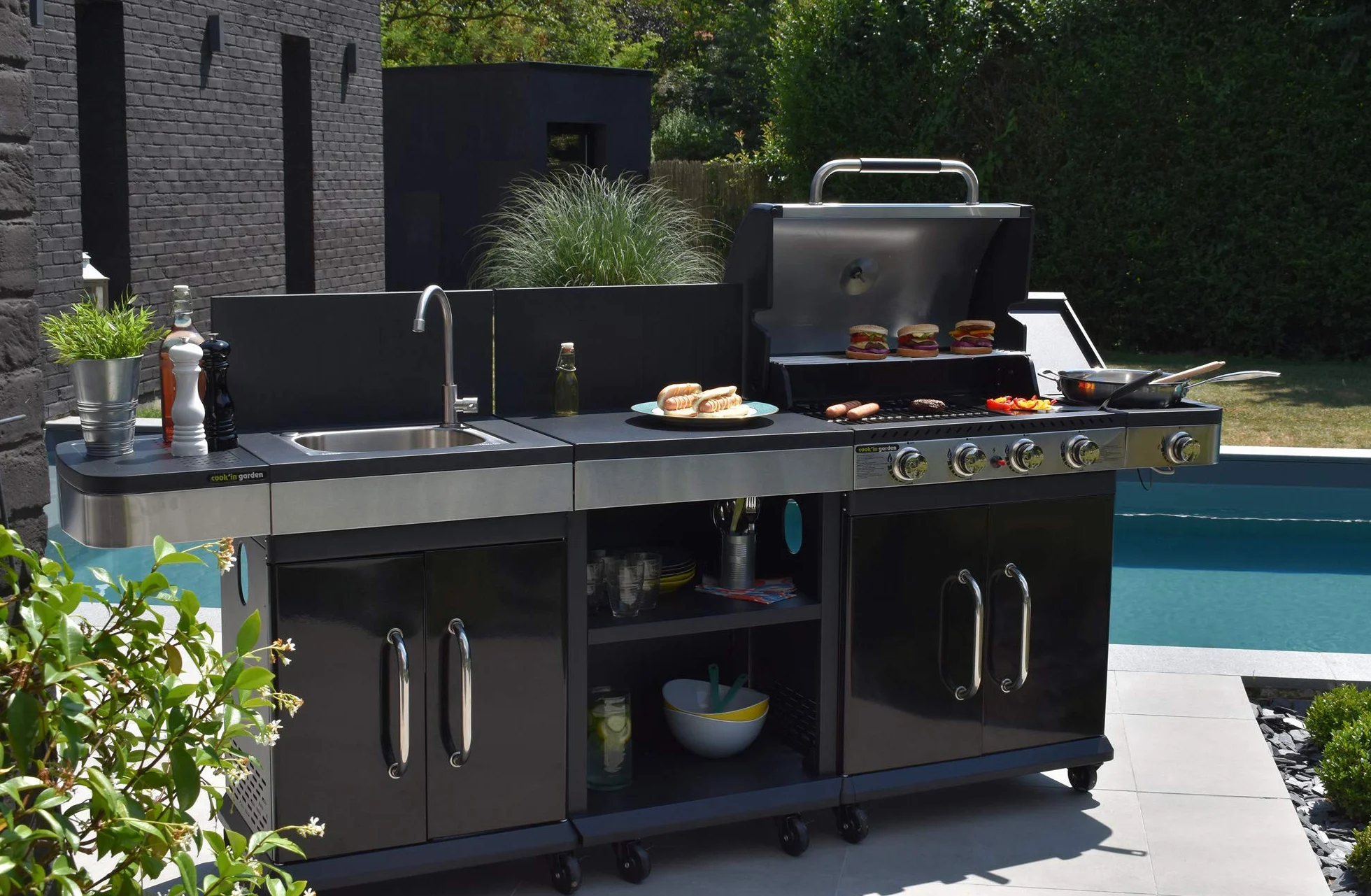 Cook’in Garden Meuble d’Appoint FIDGI avec Évier Intégré, Compatible Barbecue Gaz FIDGI 3 et 4, Noir