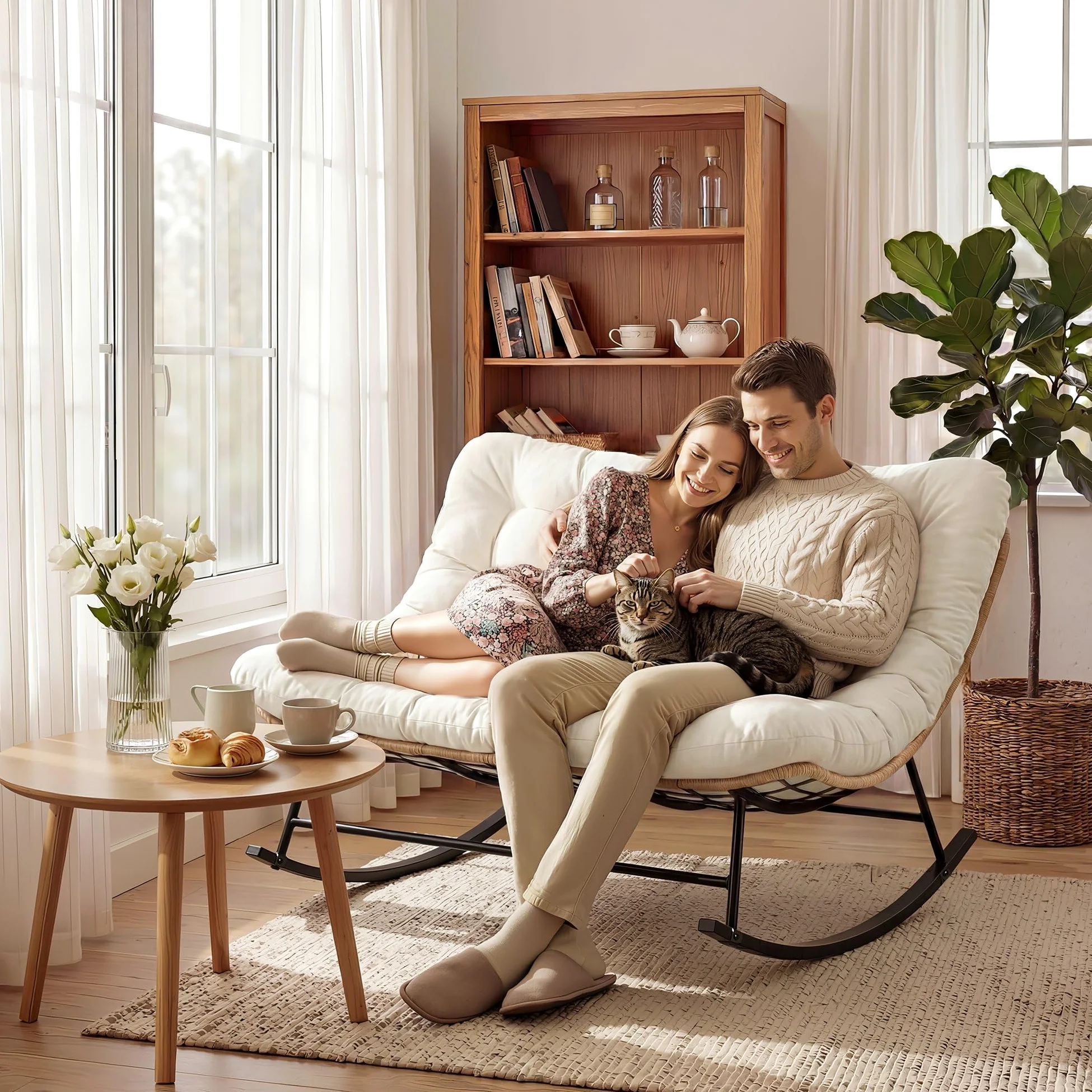 Garvee Fauteuil à Bascule Double Robuste 450 lbs – Dossier rembourré – Tissu imperméable – Cadre métal – Idéal Jardin, terrasse, Salon – Mobilier Moderne – Rotin Jaune et Coussins Beige Clair