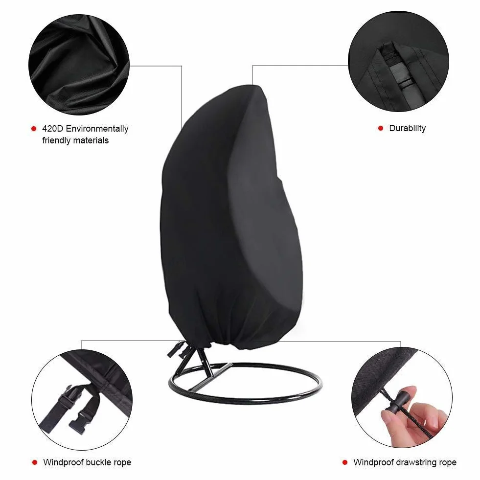 Housse de Protection pour Fauteuil Suspendu Oeufs Chaise Jardin, 210D Oxford Couverture en Imperméable Protection UV Coupe-Vent et Étanche à la Pluie,115 * 190CM, Noir (1pcs)