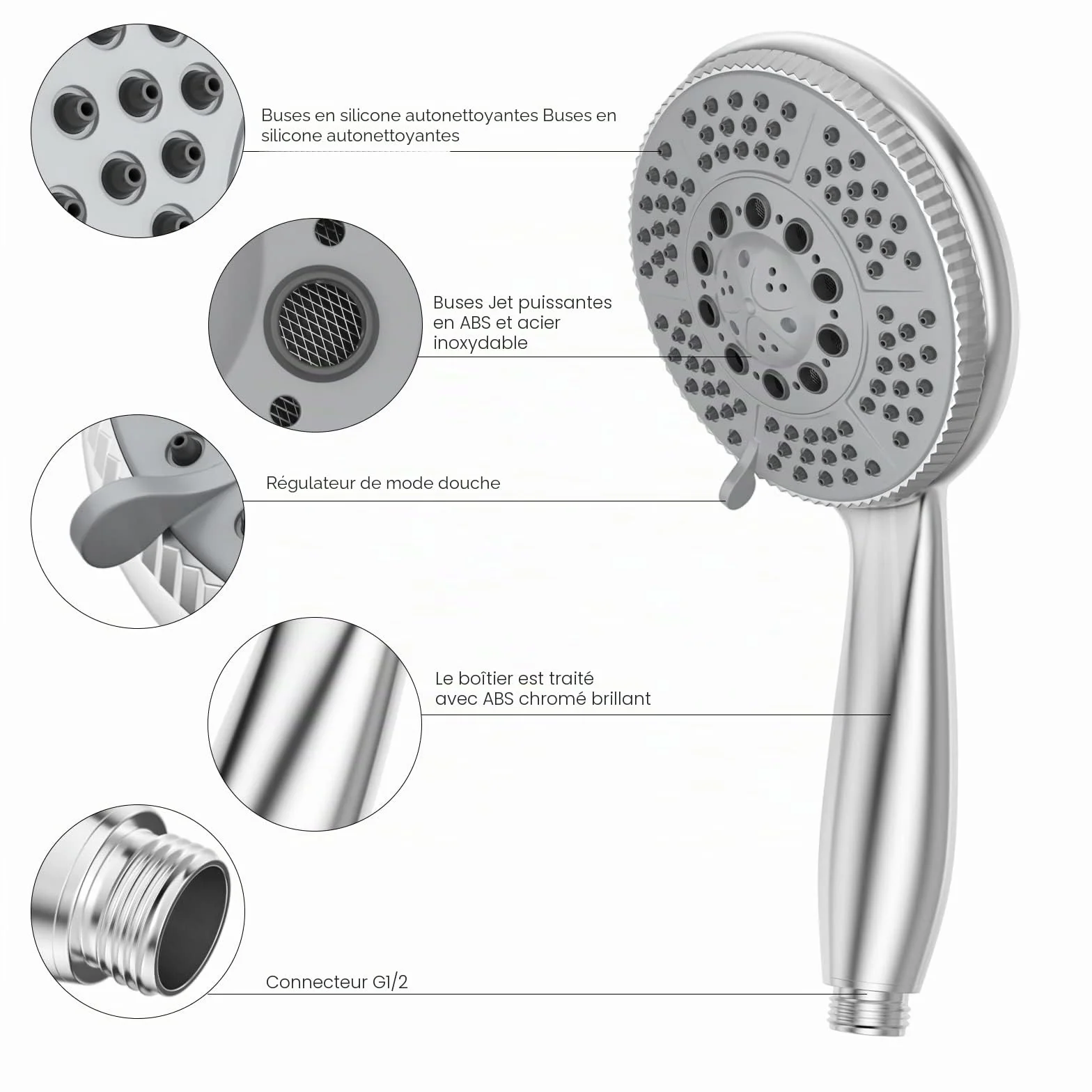 Pommeau de douche 1,5 m tuyau en acier 5 fonctions jets haute pression ABS chromé anticalcaire