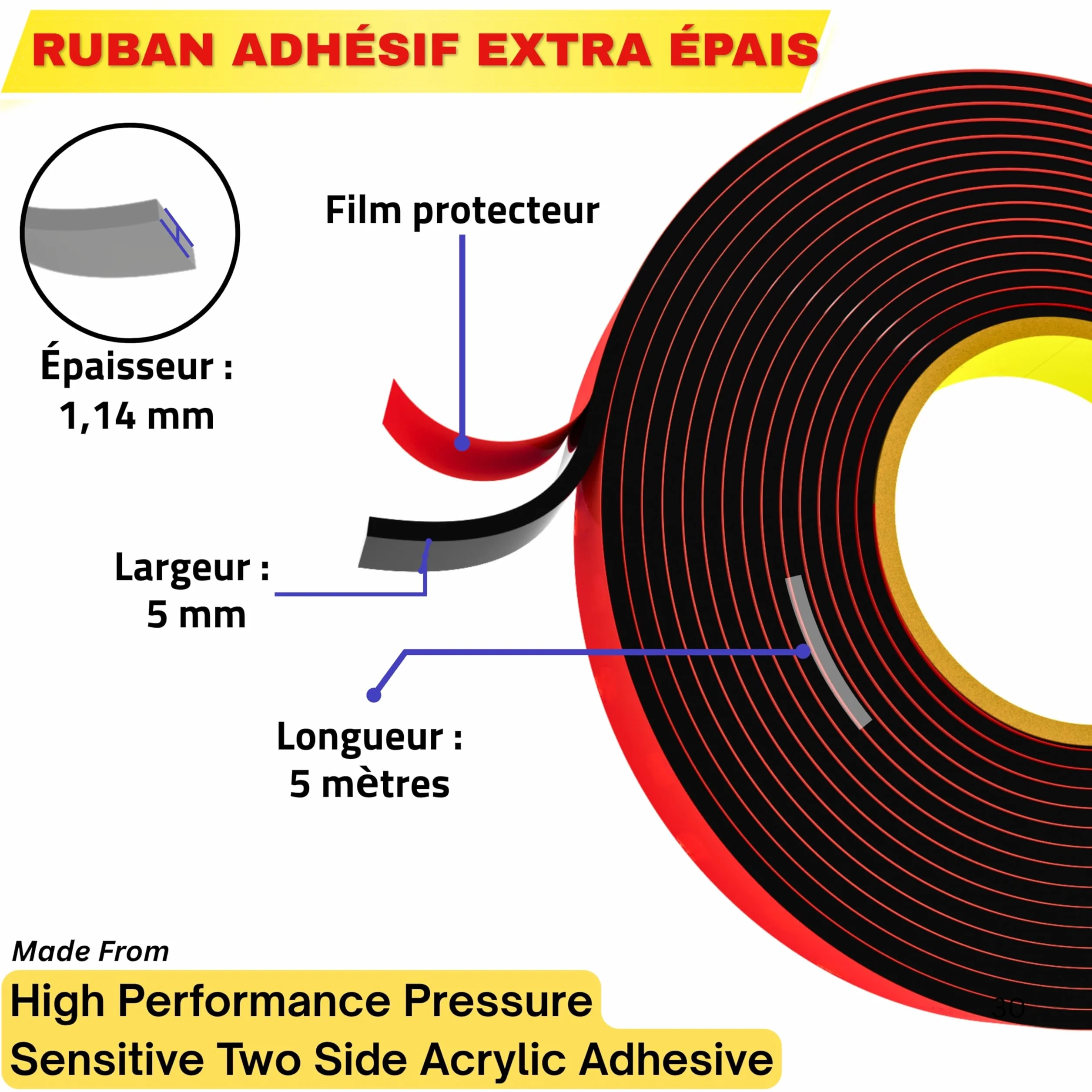 Ruban adhésif double face professionnel en mousse acrylique viscoélastique 5 mm x 5 m Noir