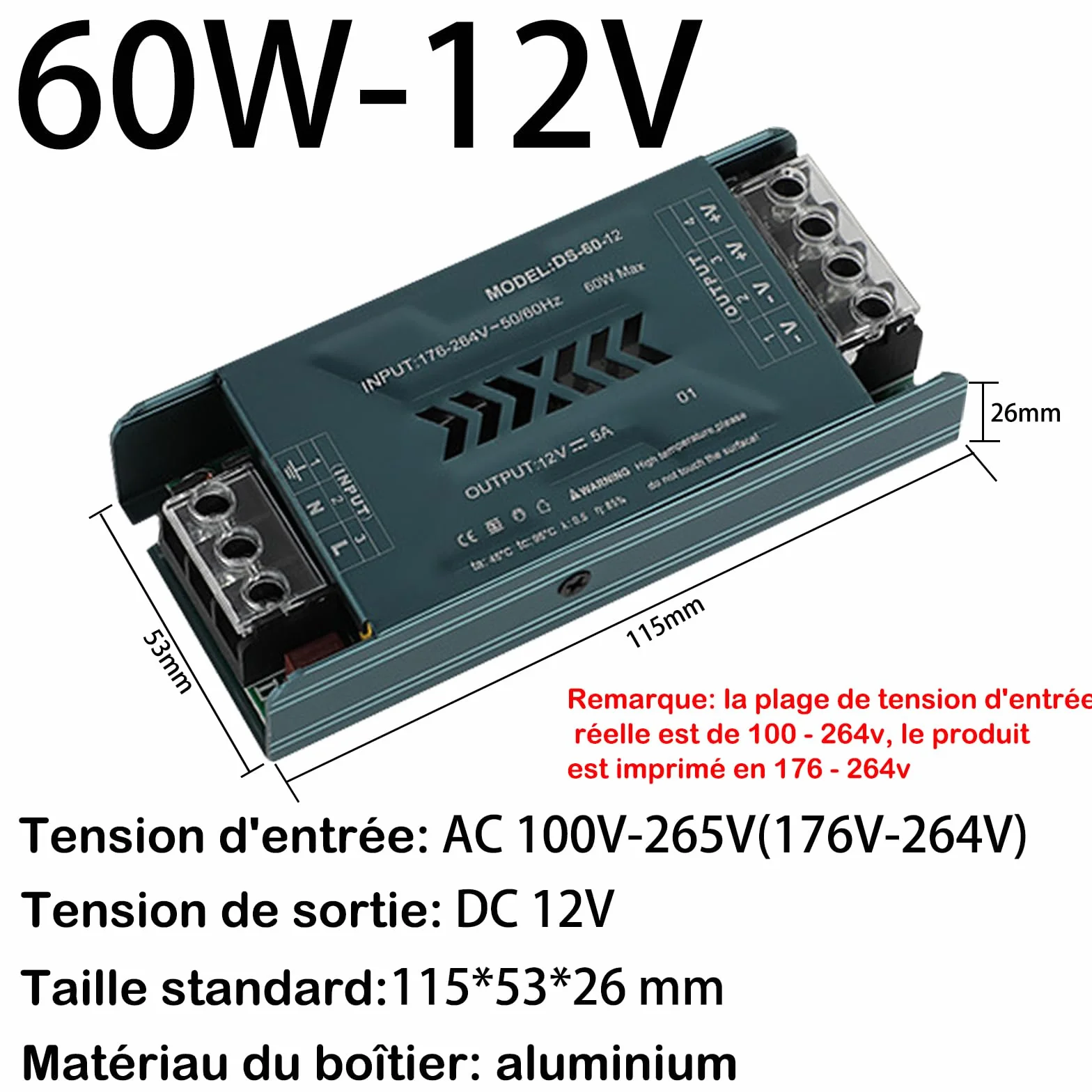 Transformateur LED Driver 60W 110V-220V AC à 12V DC 5A Alimentation Basse Tension Ultra Mince