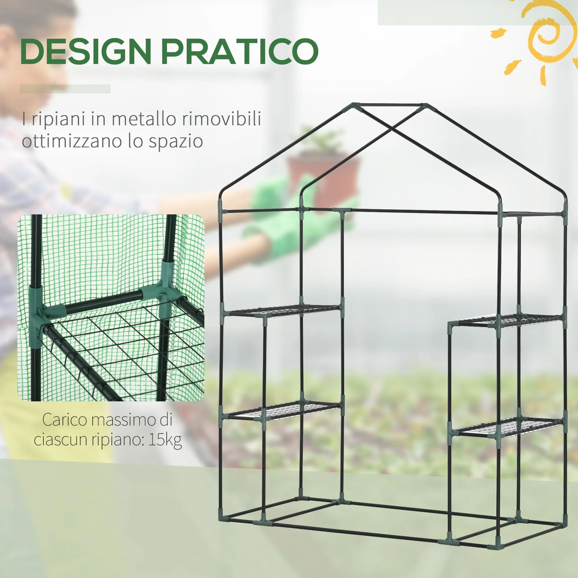 Outsunny Serre de Jardin avec Étagères 3 Niveaux, Bâche PE 140 g/㎡, Châssis Acier, 141x72x191 cm, Vert