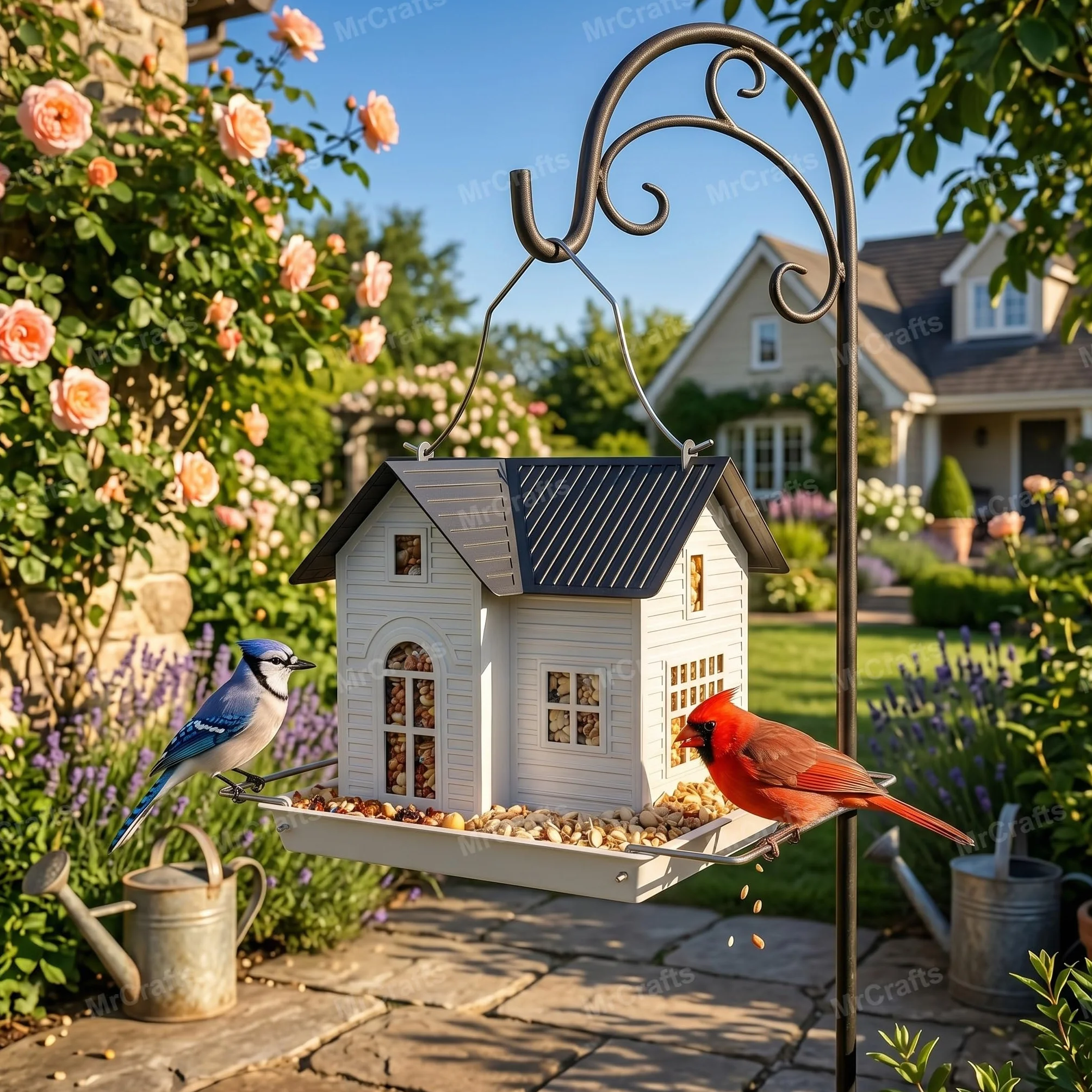 Mangeoire à Oiseaux pour Extérieur avec Lumière Solaire, Metal Bird Feeder - Style Maison Métal