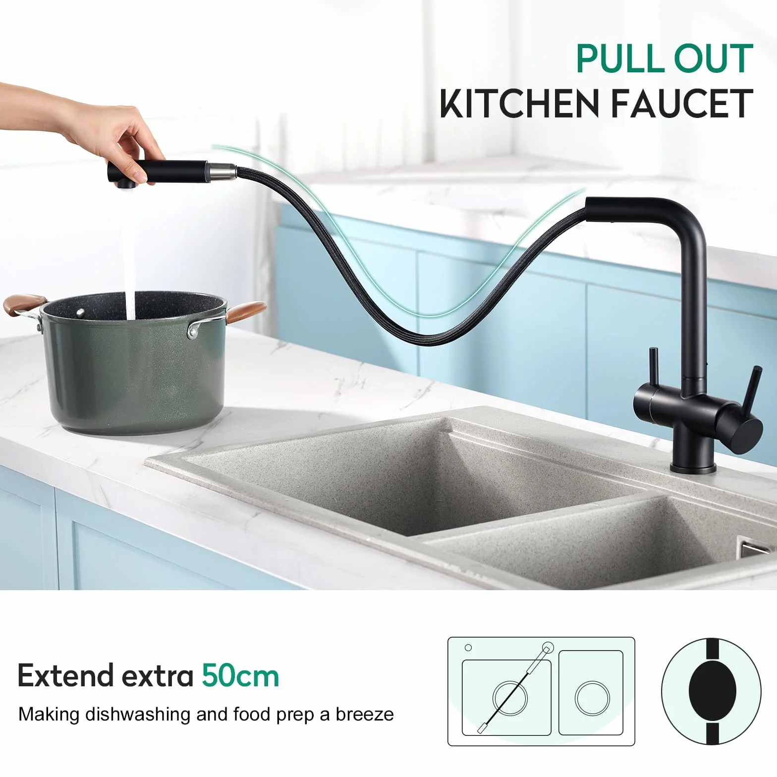 CREA Robinet Cuisine 3 Voies avec Douchette Extractible, Mitigeur Pivotant 360°, Noir Mat