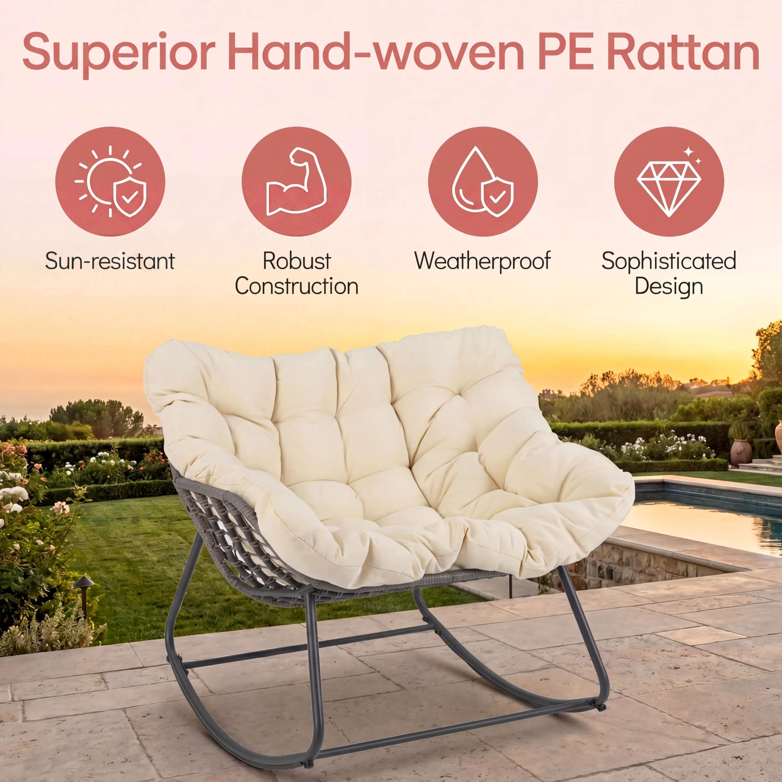 SOARS Fauteuil à Bascule de Jardin, Chaise à Bascule Papasan en Rotin avec Coussin Rembourré et Amovible, Cadre en Métal, Charge 150 KG, pour Intérieur et Extérieur, Salon Balcon Terrasse, Beige