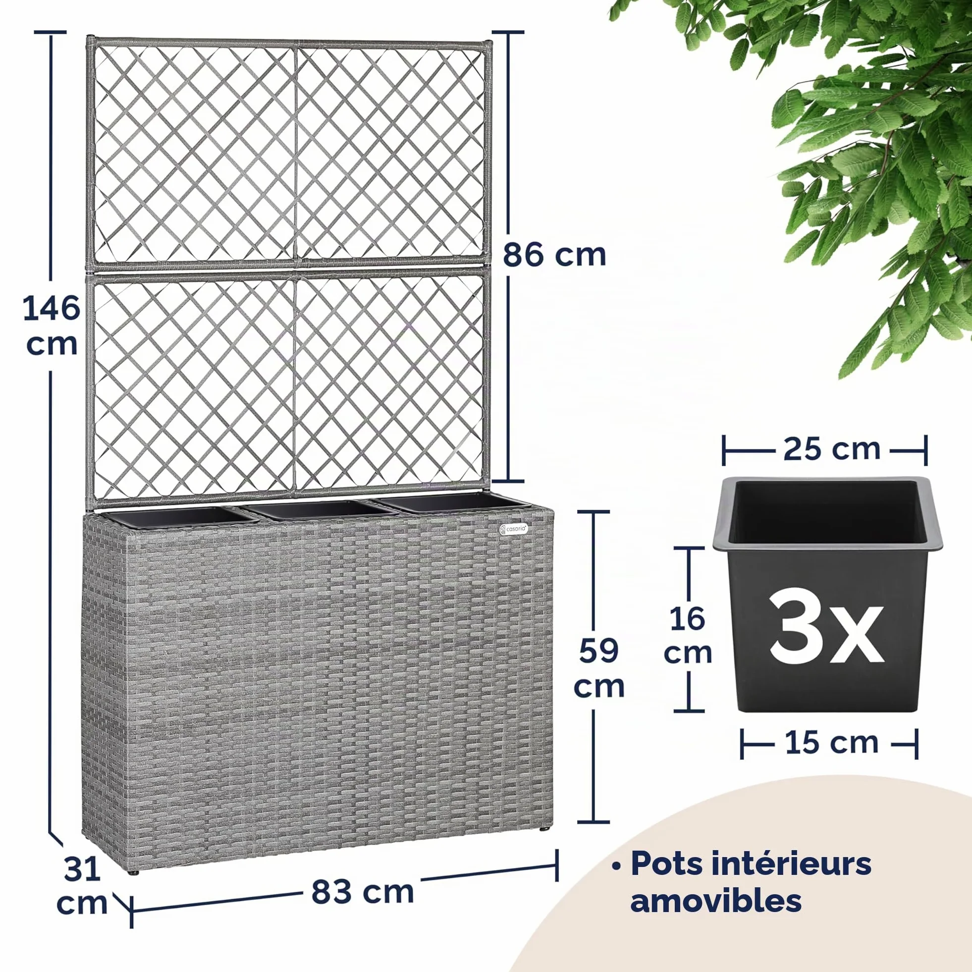 Casaria Jardinière en polyrotin avec Treillis Gris 146 x 83 x 30,5 cm Set de 3 Pots de Fleurs bac à Fleurs pour Jardin Maison Balcon