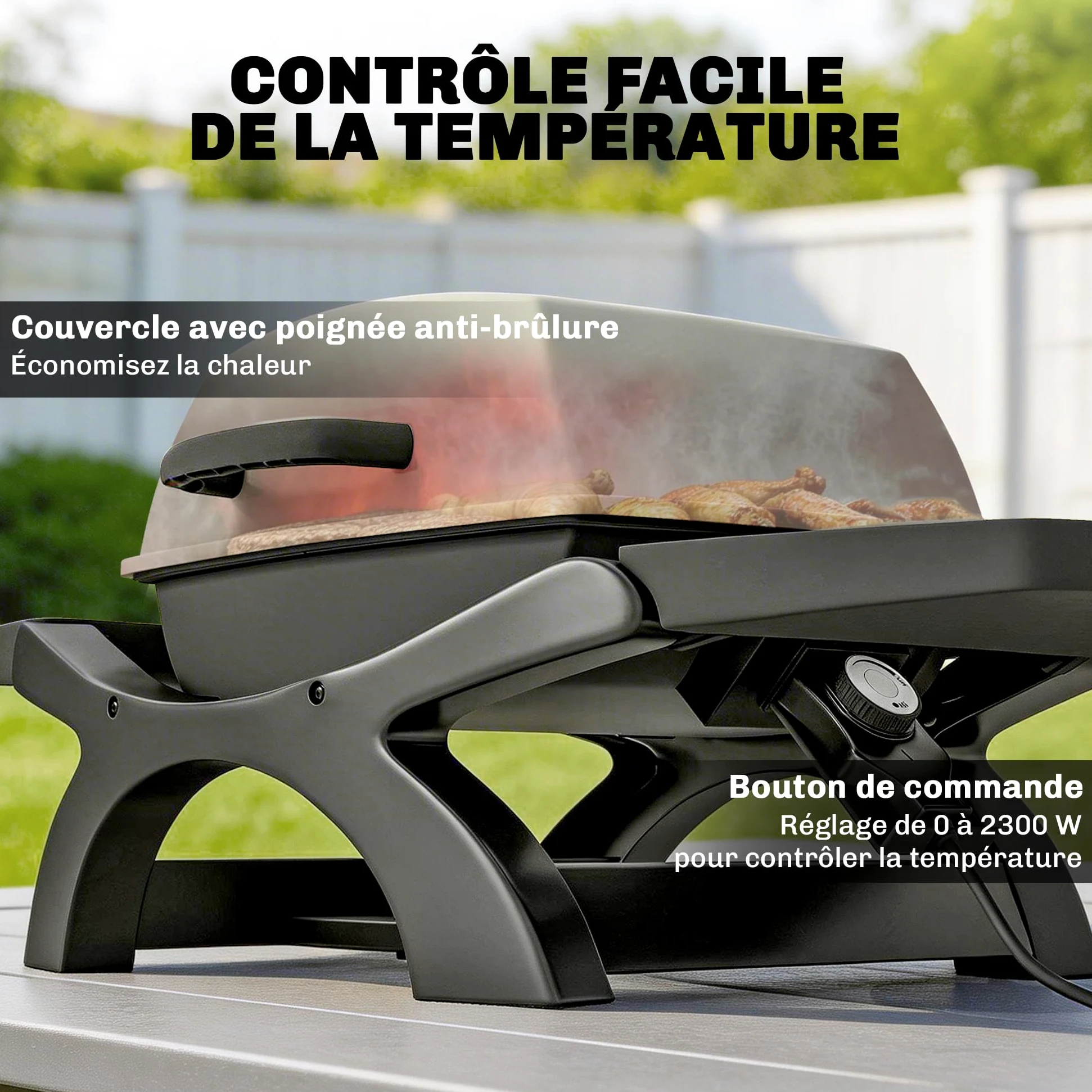 Outsunny Barbecue électrique extérieur 2300W portable avec grilles émaillées, barbecue de table, étagères latérales amovibles, crochets, bac de récupération, pour terrasse, balcon, petit espace, noir